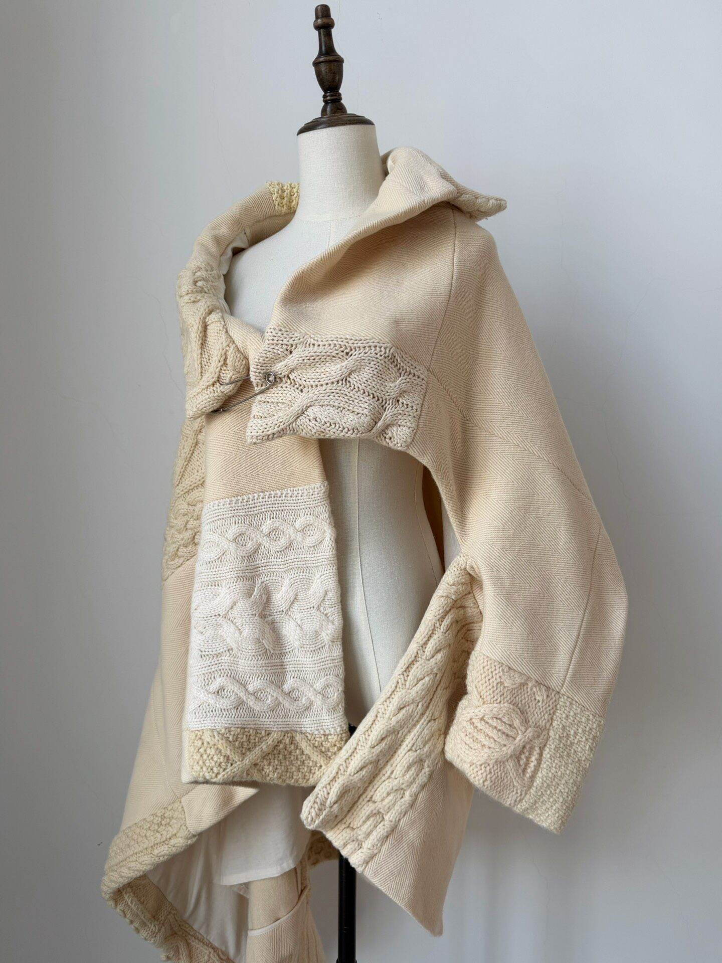 Y’s Asymmetric Beige Knit Coat With Pin — back