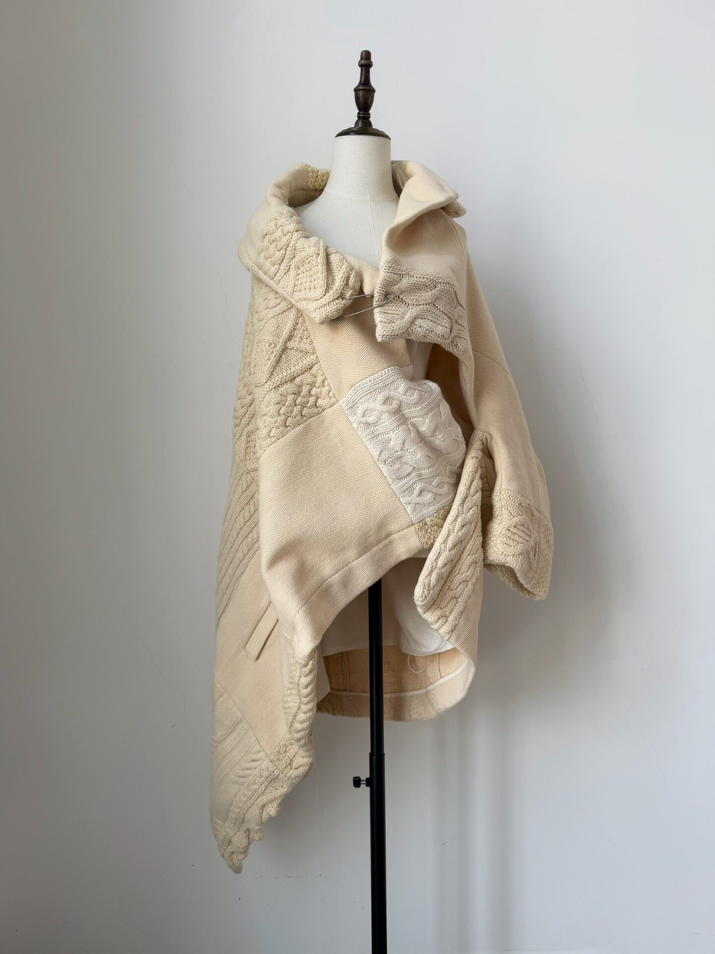 Y’s Asymmetric Beige Knit Coat With Pin — front