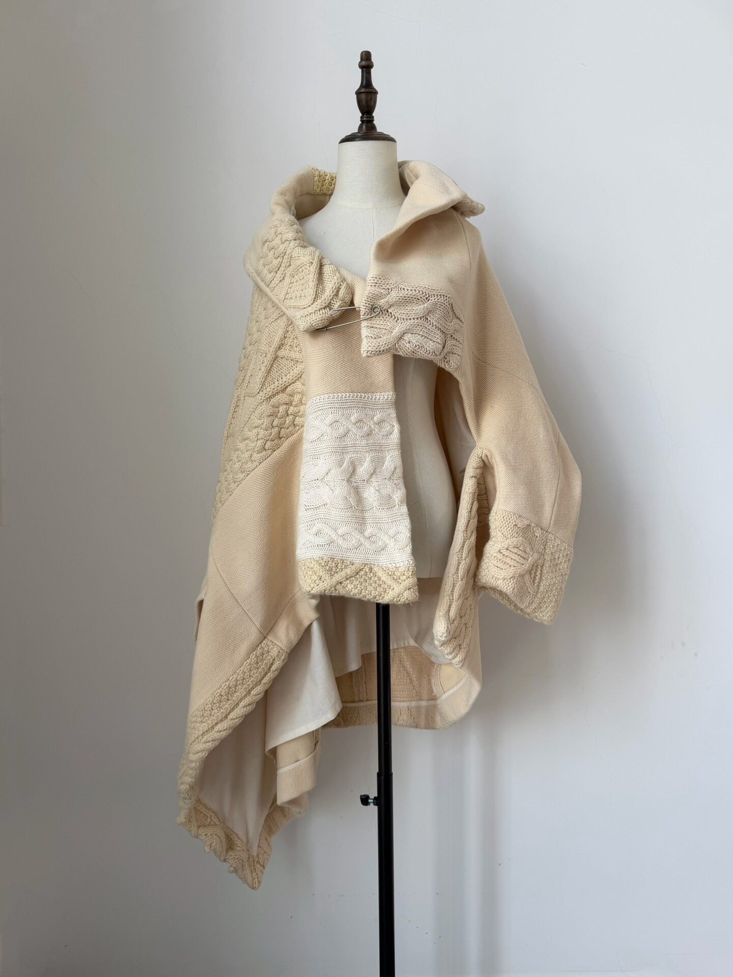 Y’s Asymmetric Beige Knit Coat With Pin