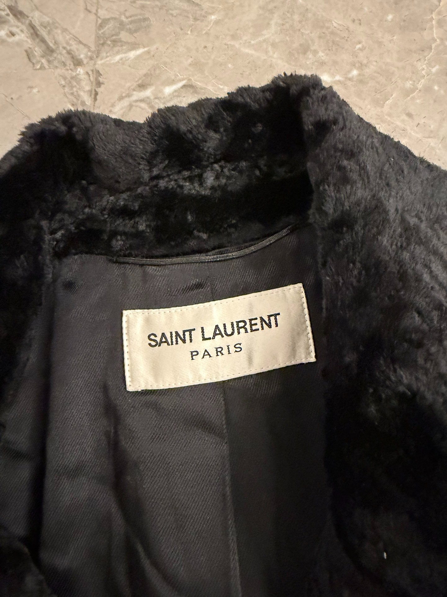 Saint Laurent SLP Fur-like Coat — label