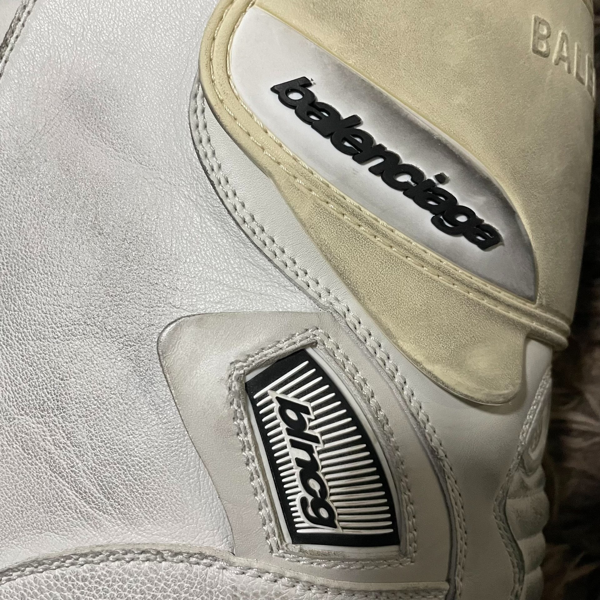 Balenciaga White Distressed Biker Boots — detail