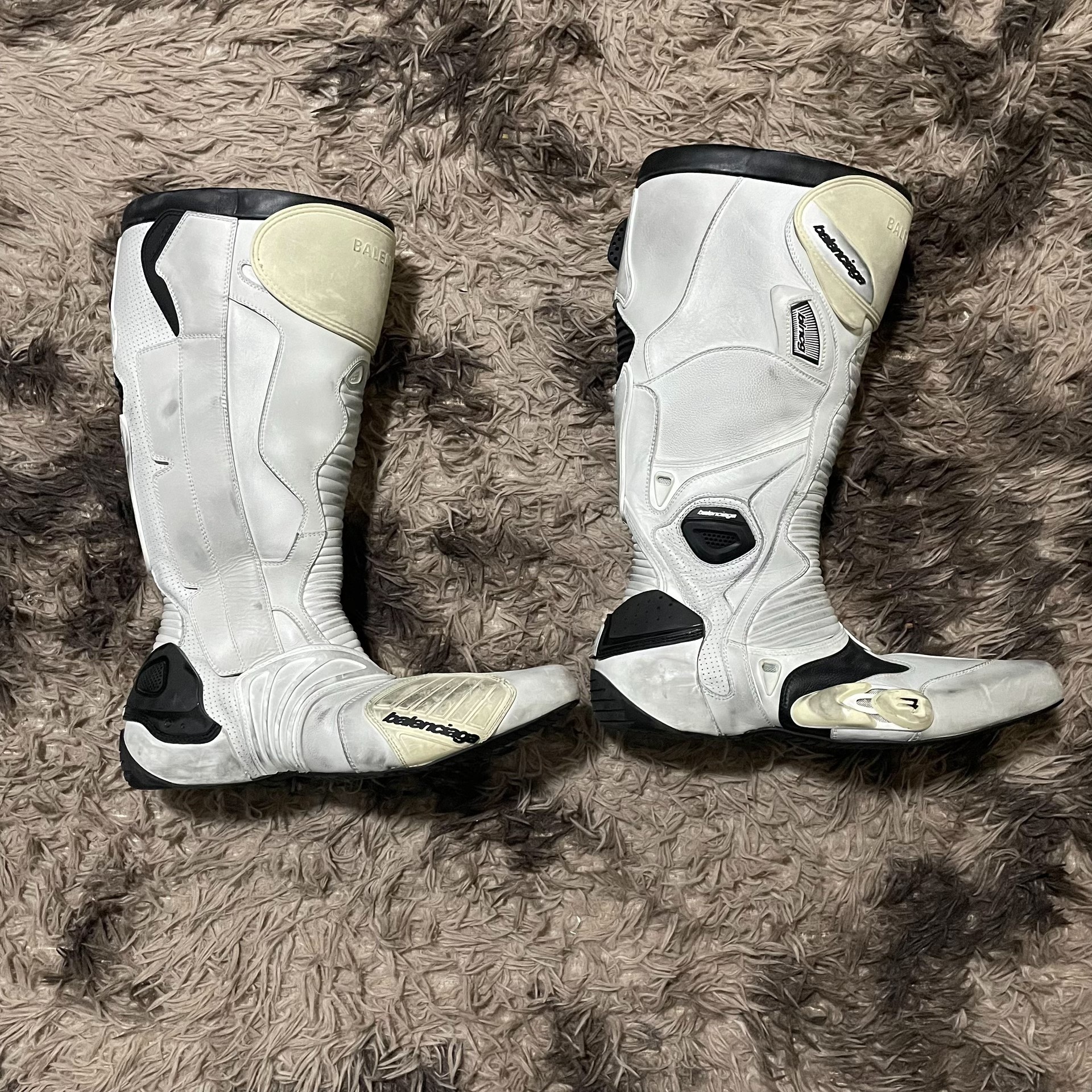 Balenciaga White Distressed Biker Boots — front