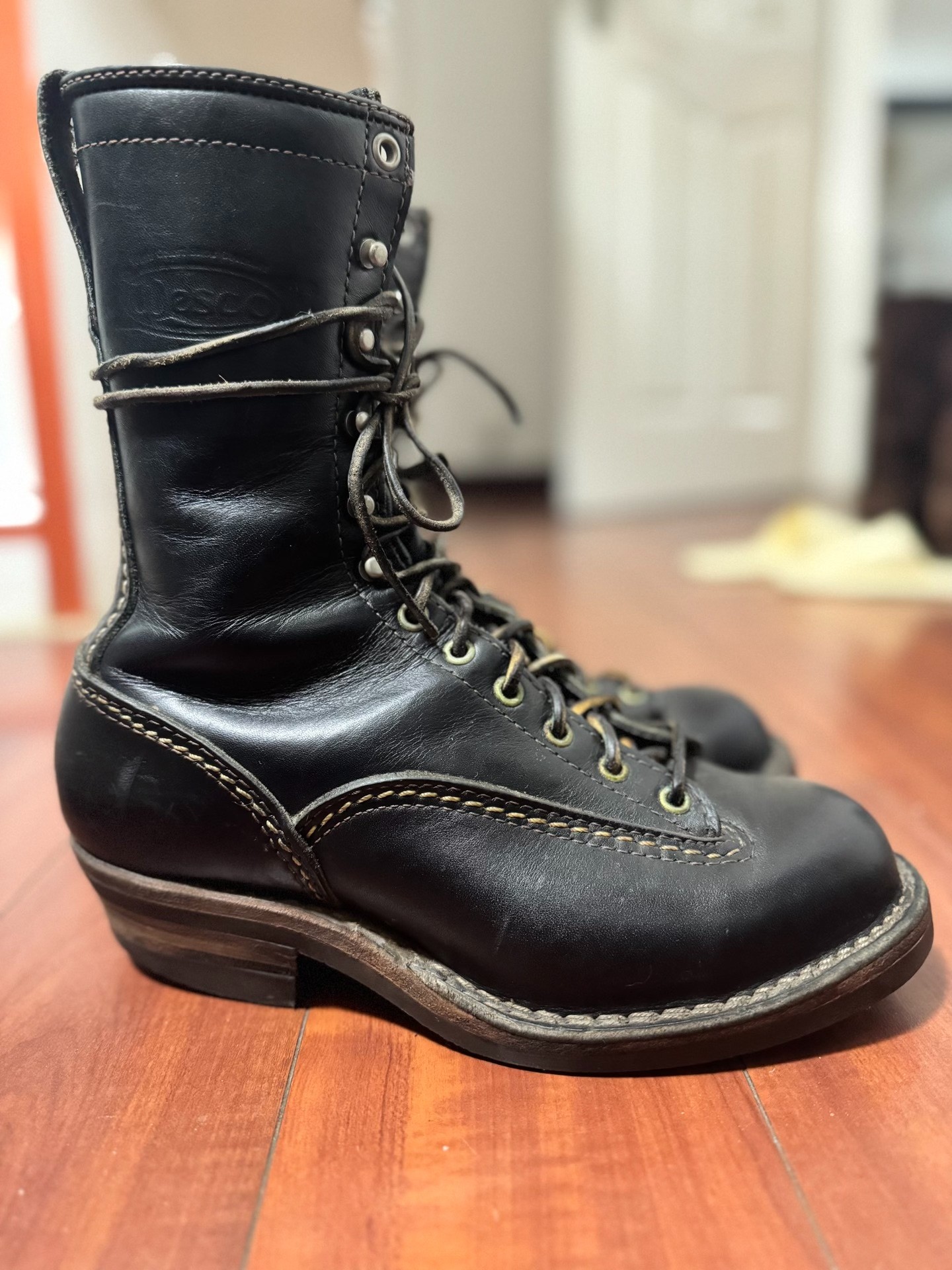 Wesco Short Face Black Leather Boots — back