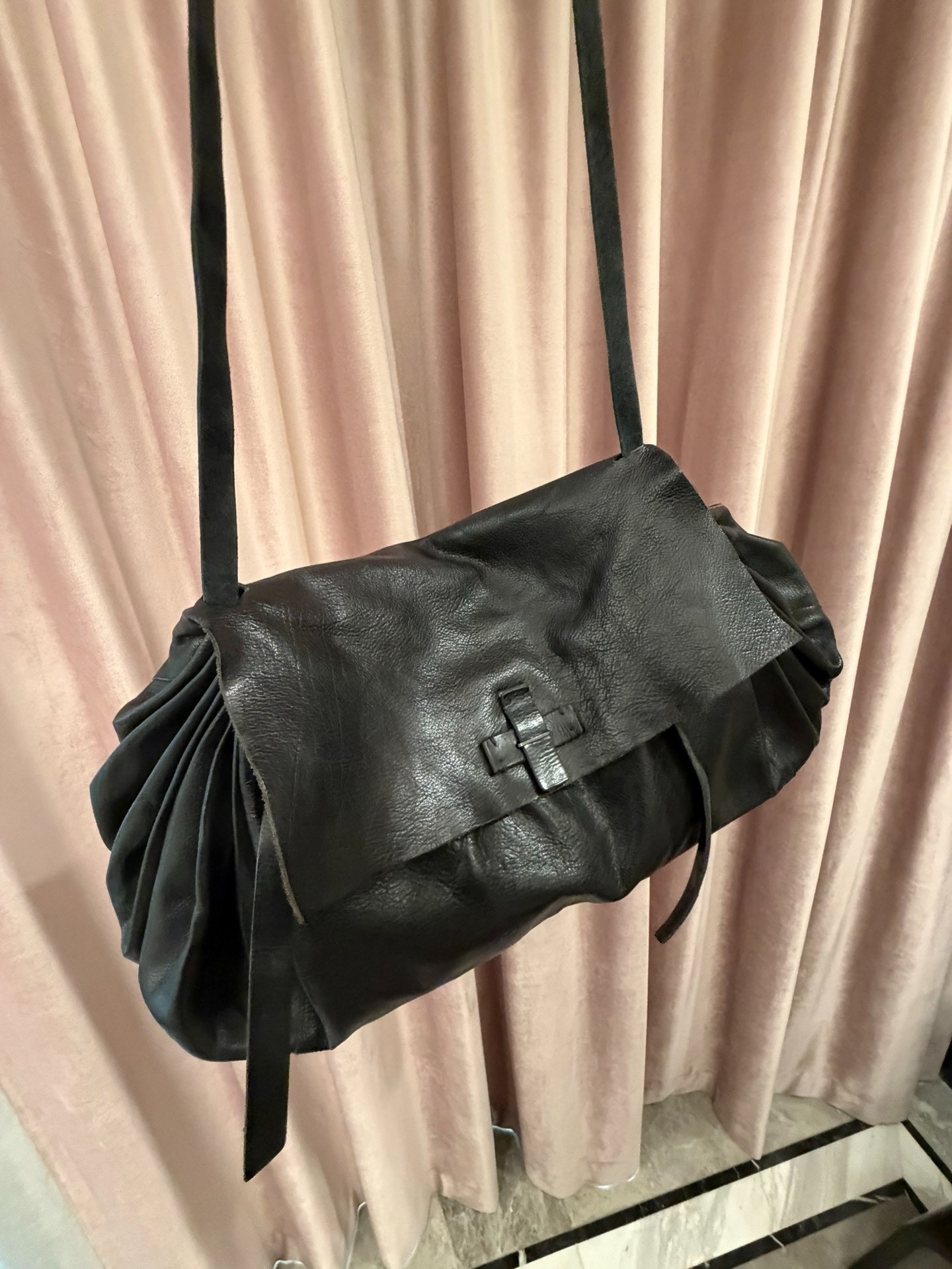 MA+ Black Leather Accordion Crossbody — front