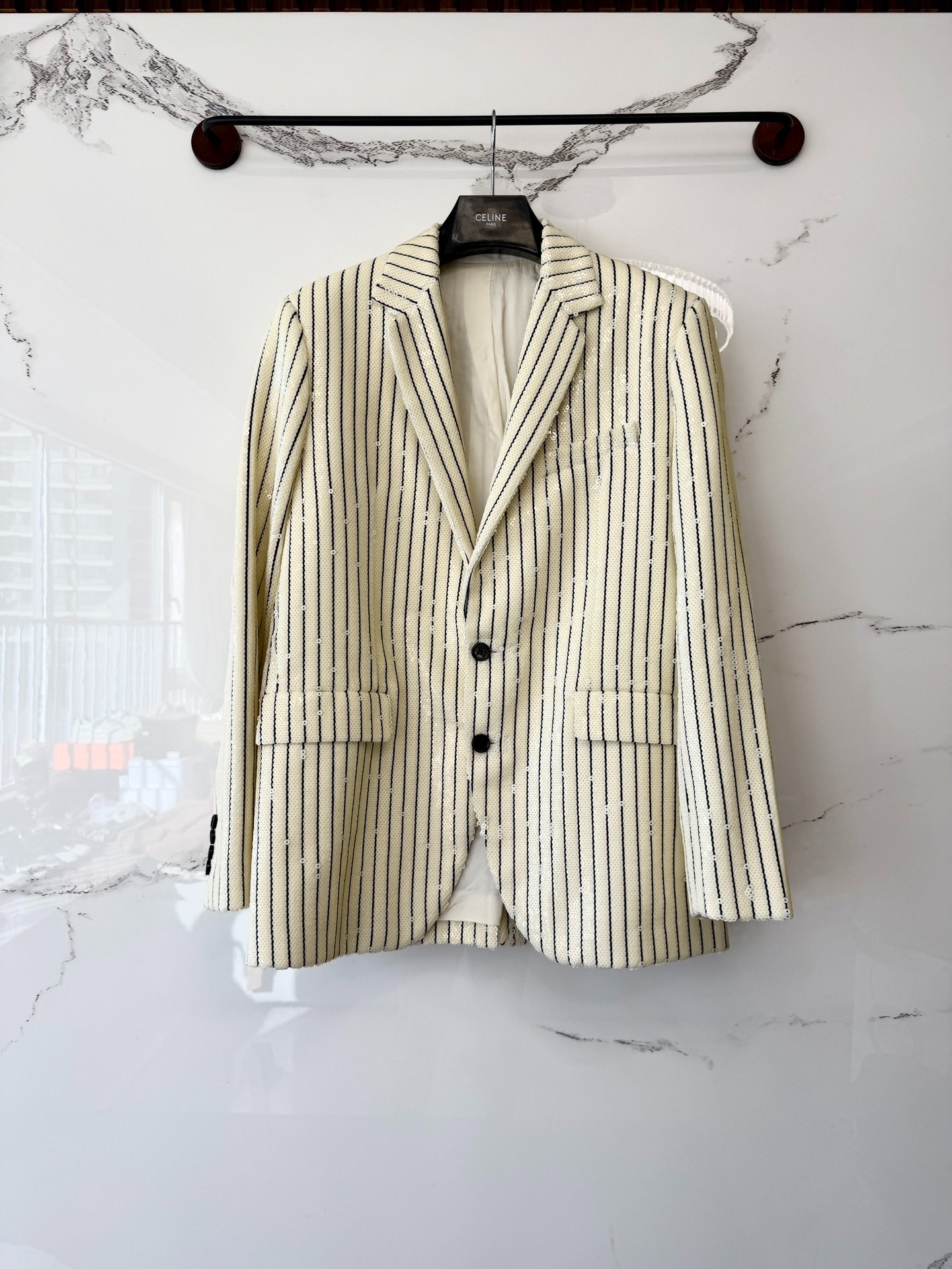 Celine White Striped Sequin Blazer