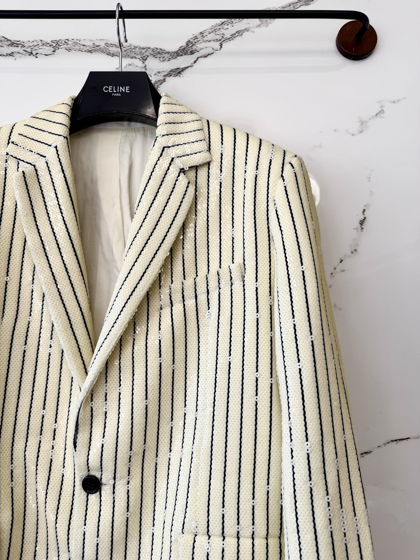 Celine White Striped Sequin Blazer — front