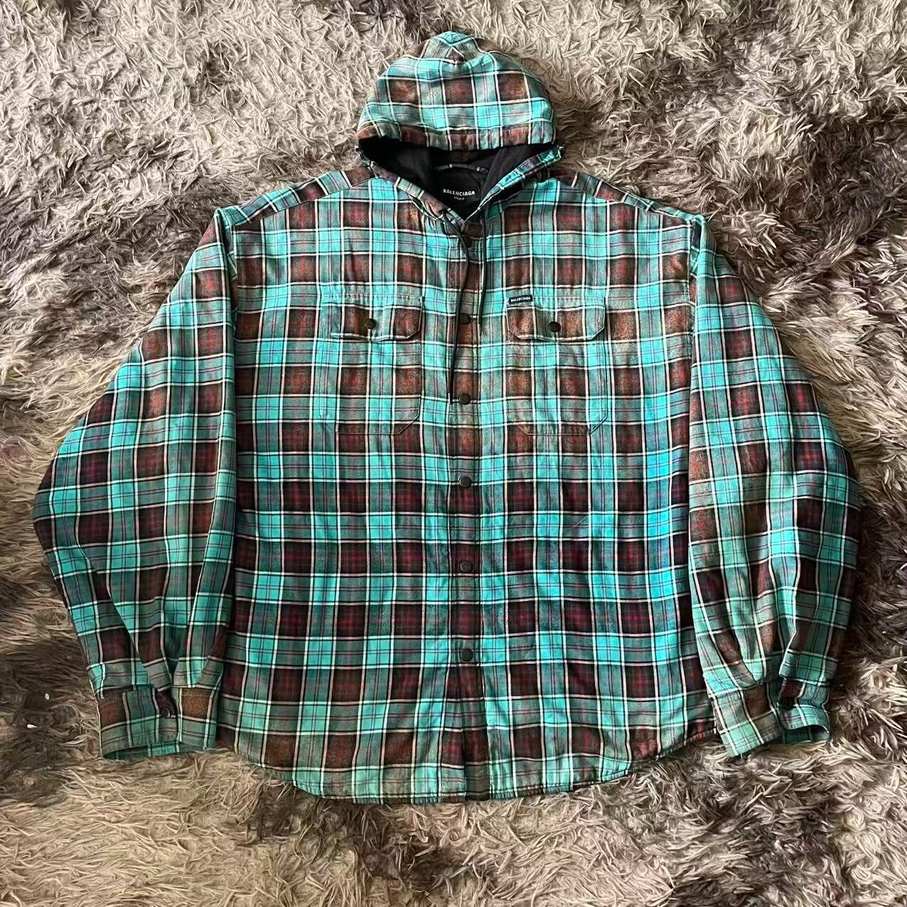 Balenciaga Hooded Plaid Long-Sleeve Shirt