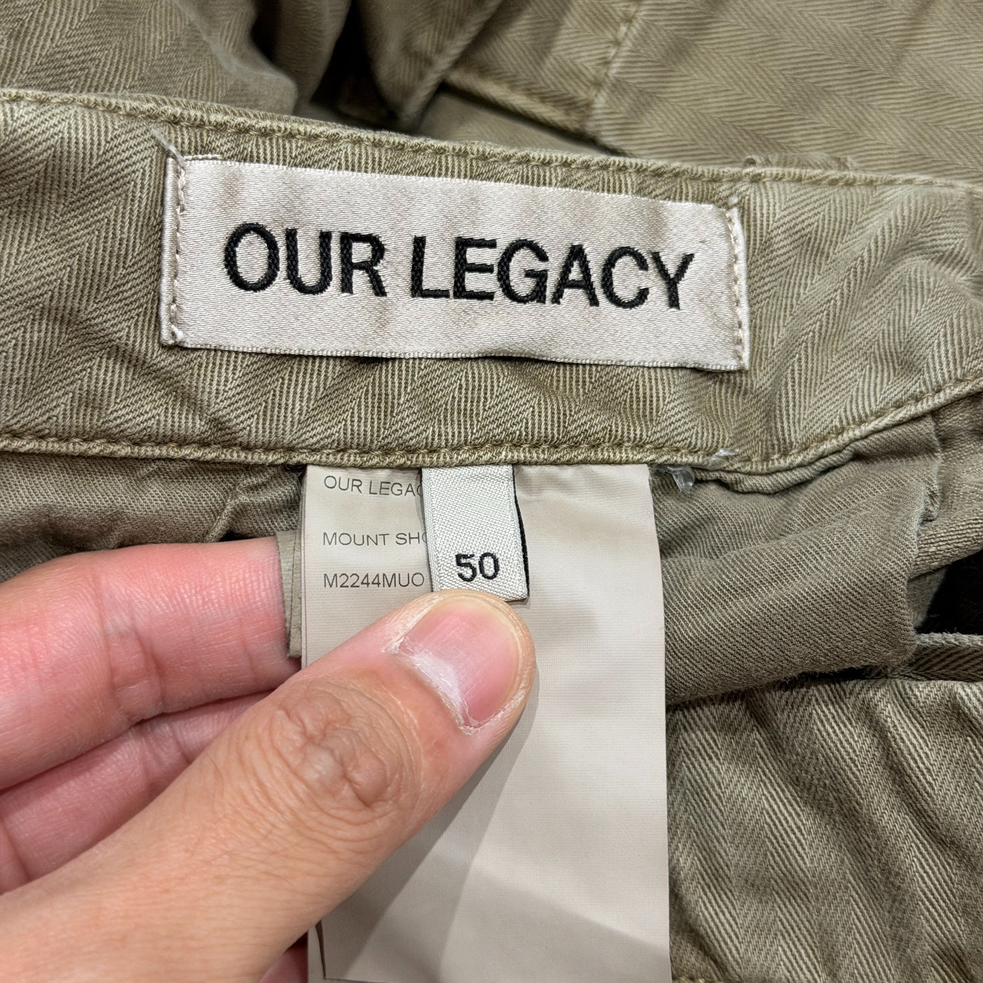 Our Legacy Faded Olive Cargo Shorts — back