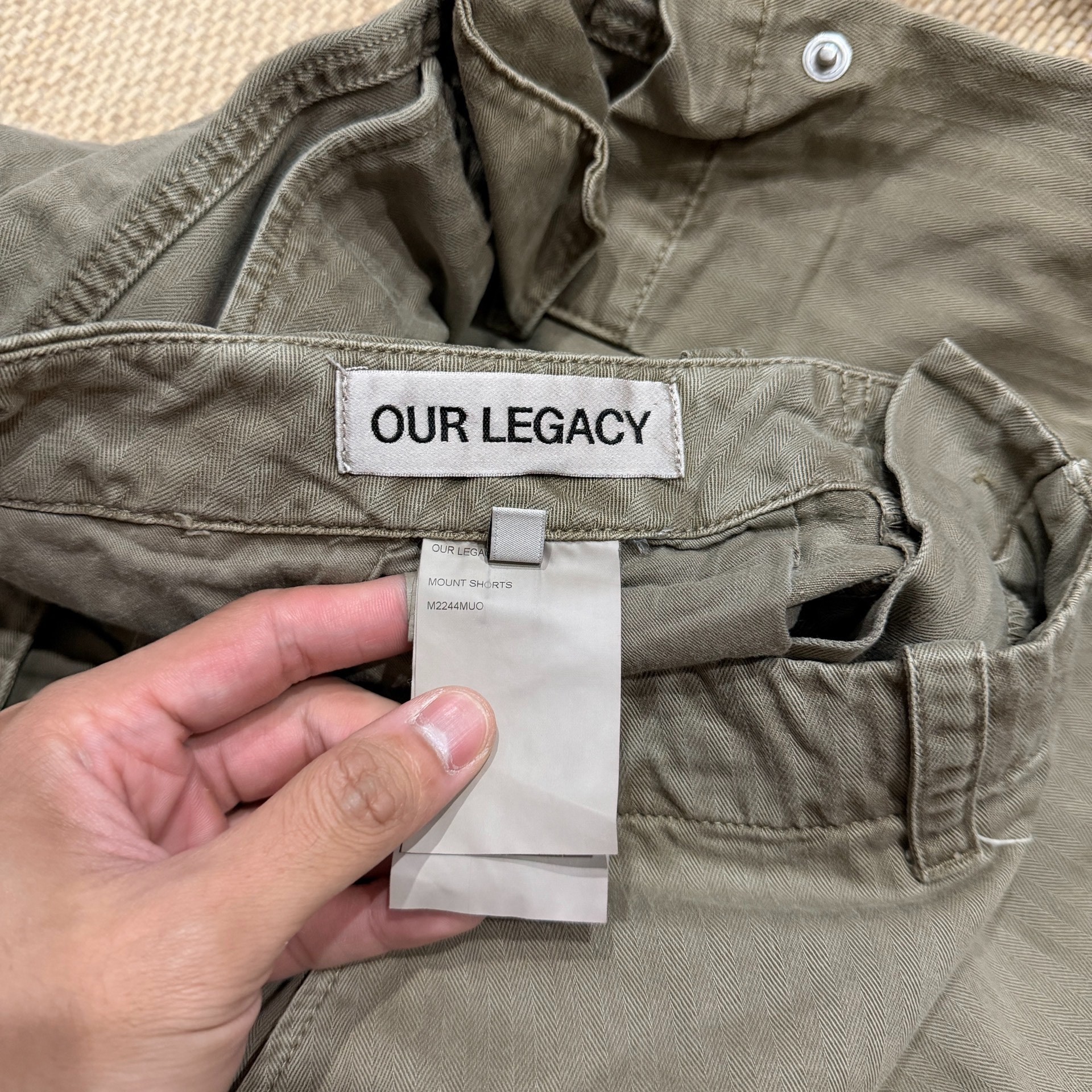 Our Legacy Faded Olive Cargo Shorts — detail