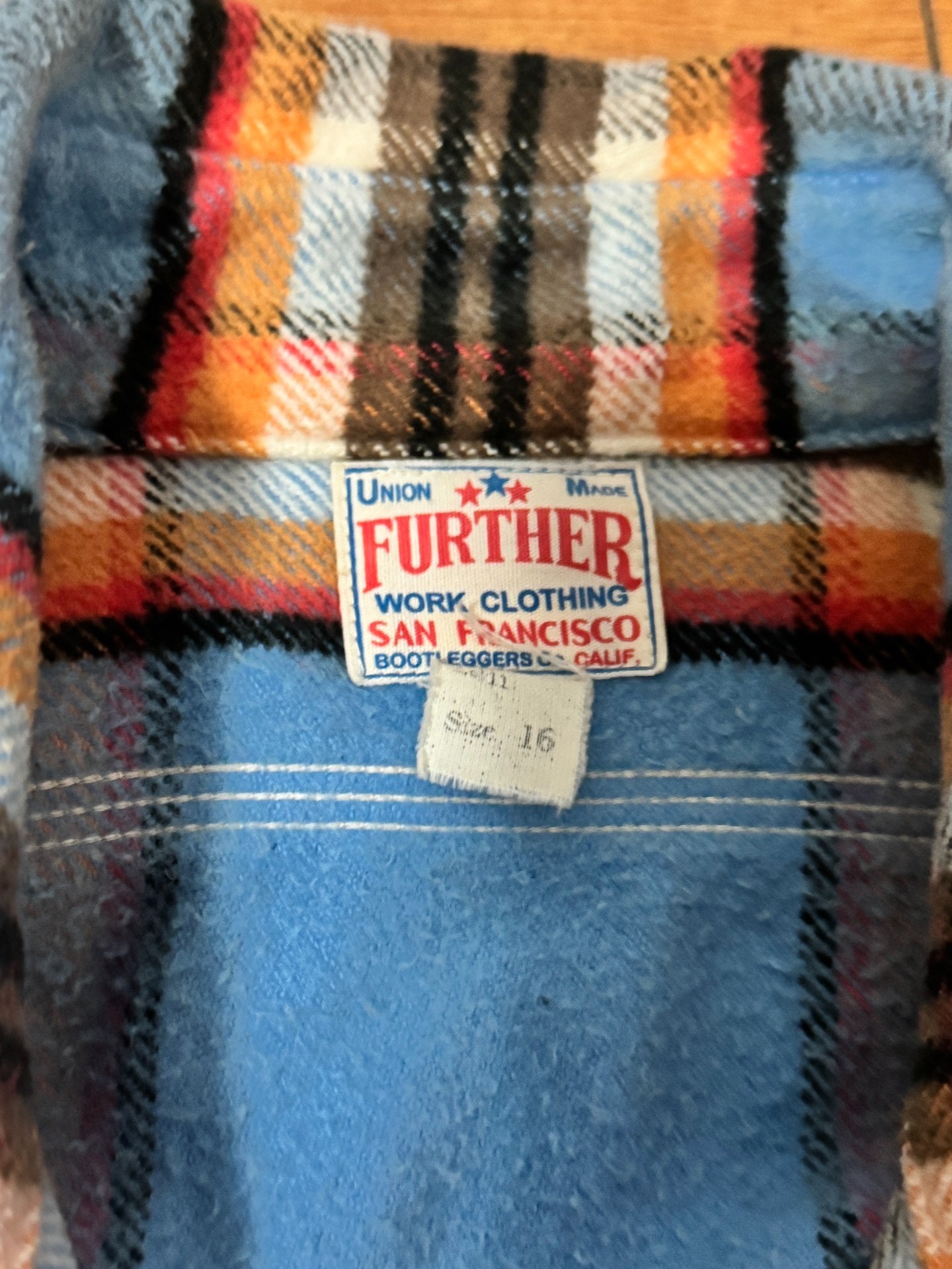 Freewheelers Blue Plaid Flannel Shirt — detail
