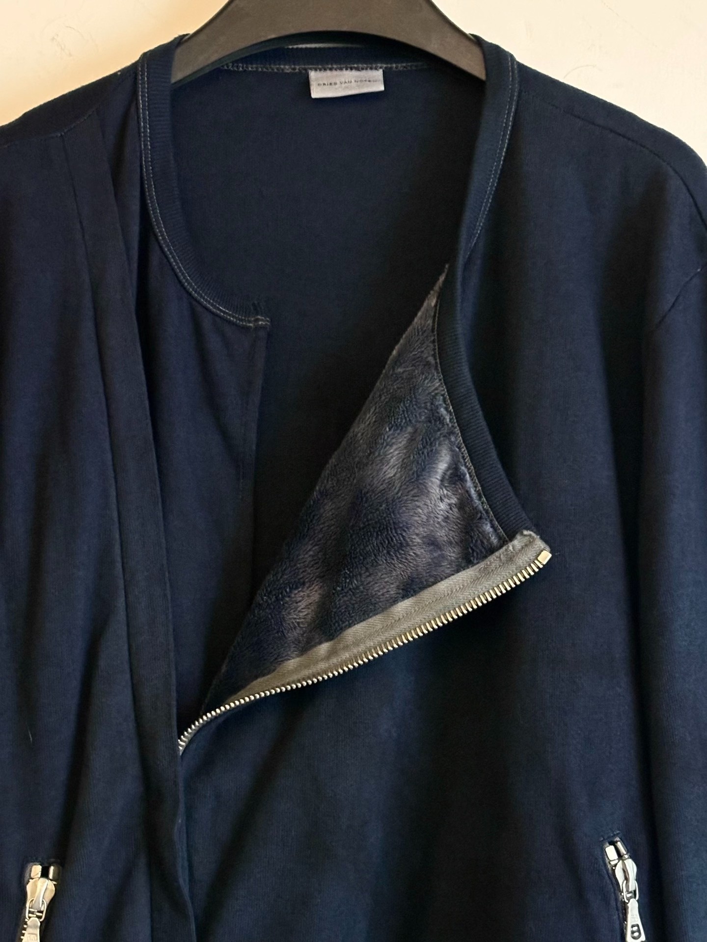 Dries Van Noten Blue Velvet Slant Zip Bomber — detail