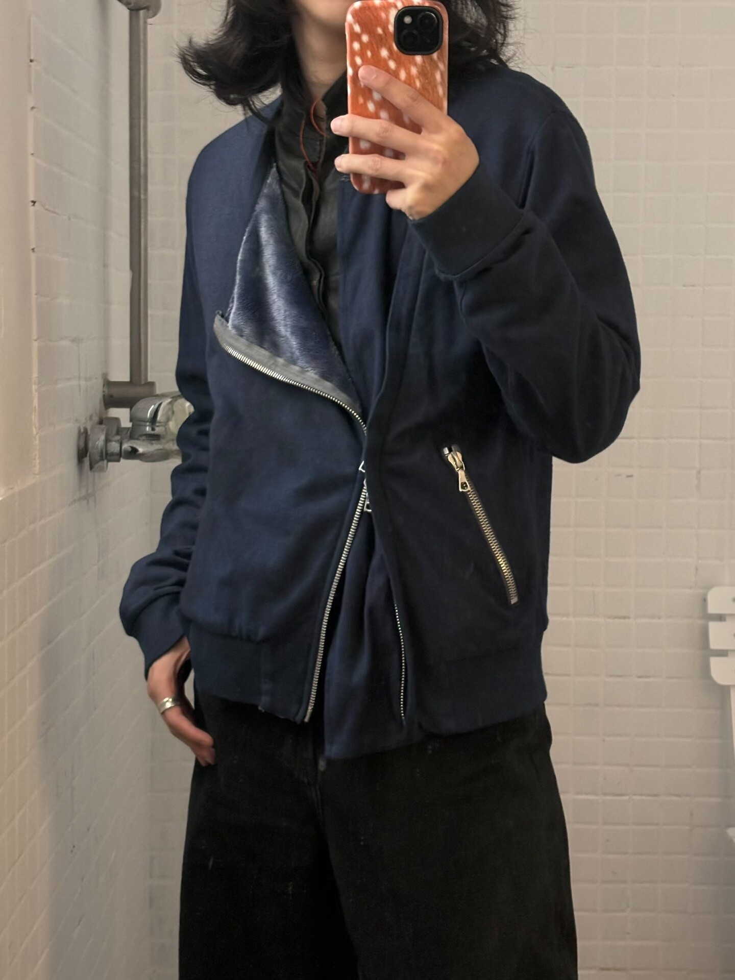 Dries Van Noten Blue Velvet Slant Zip Bomber — front