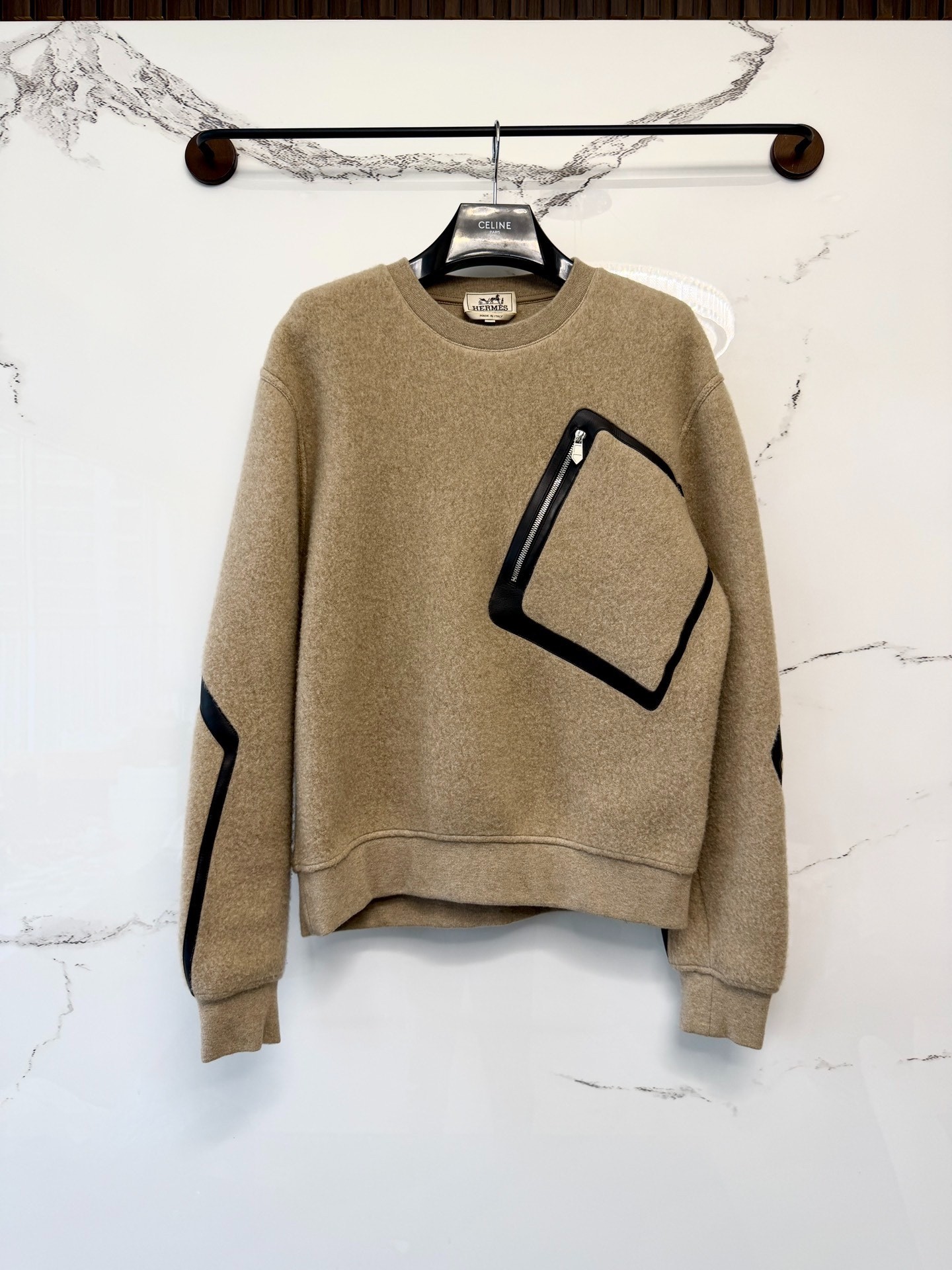 Hermes Beige Leather-Trim Zip Sweatshirt