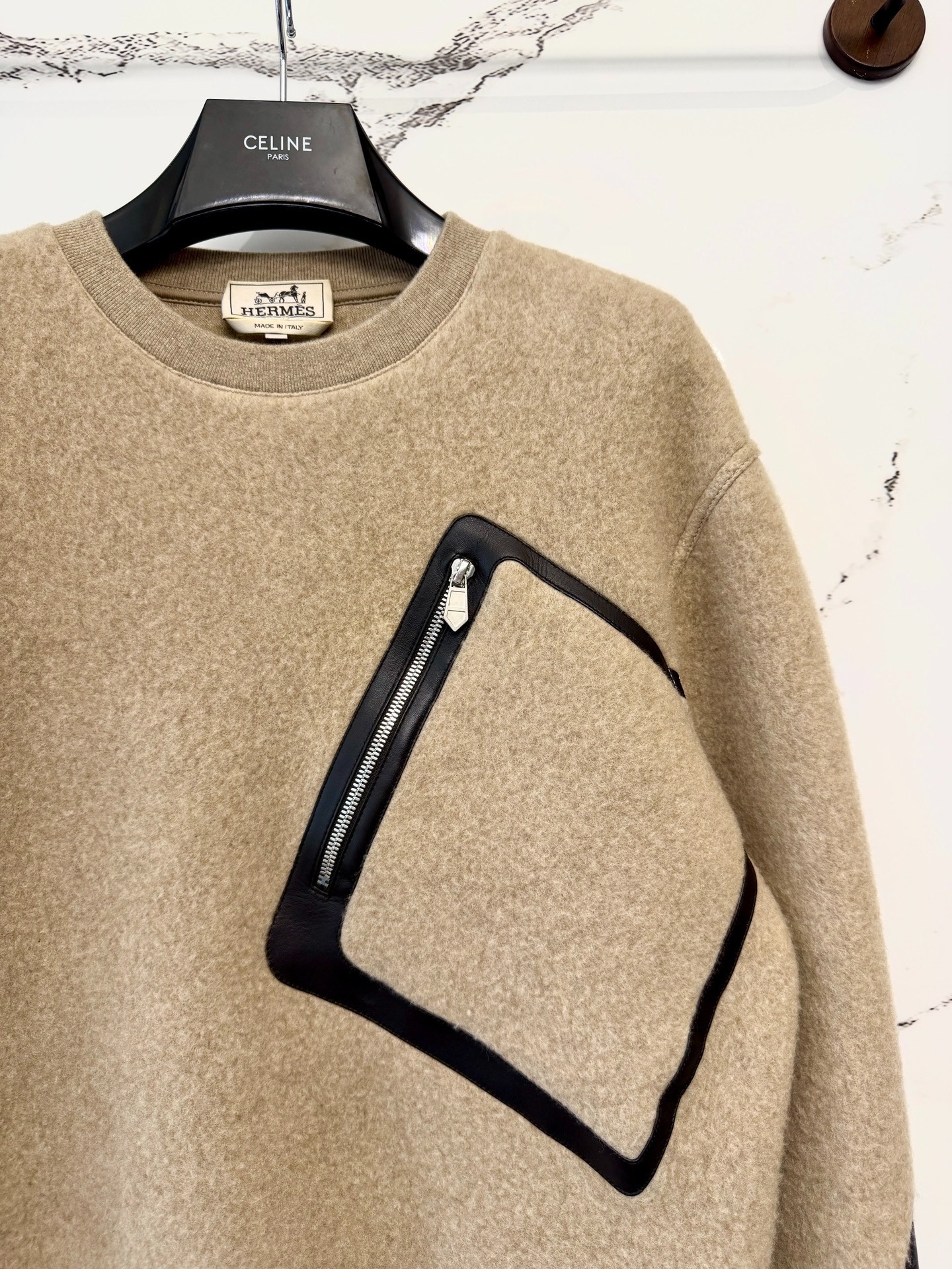 Hermes Beige Leather-Trim Zip Sweatshirt — front