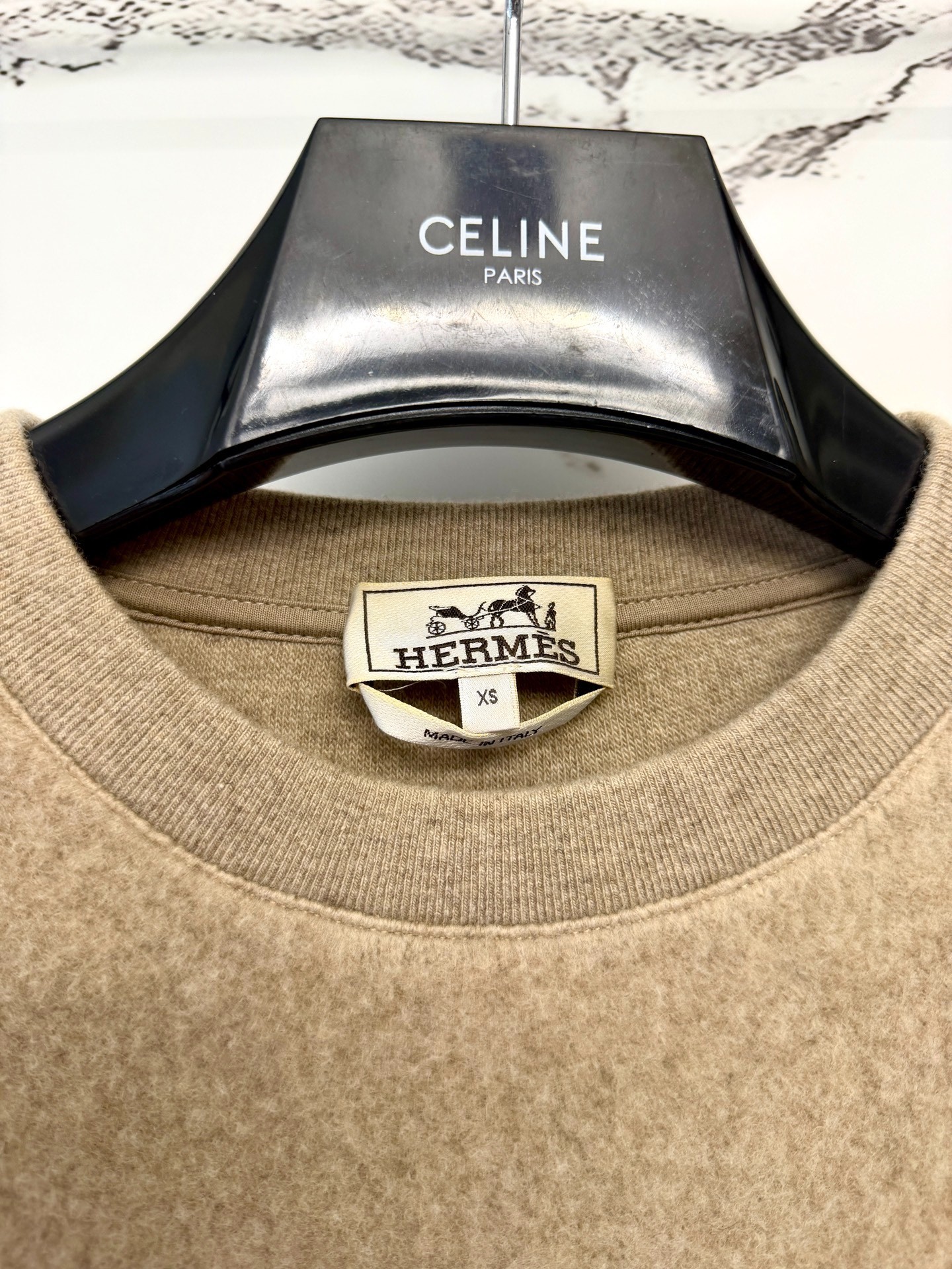 Hermes Beige Leather-Trim Zip Sweatshirt — detail