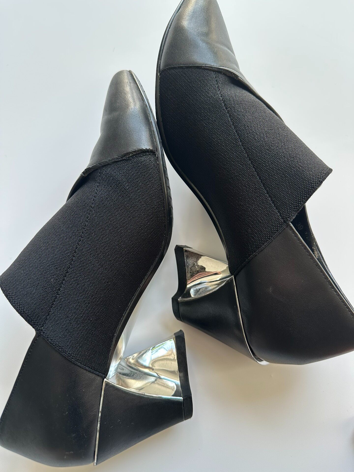 Issey Miyake Pointed Silver Heels — label