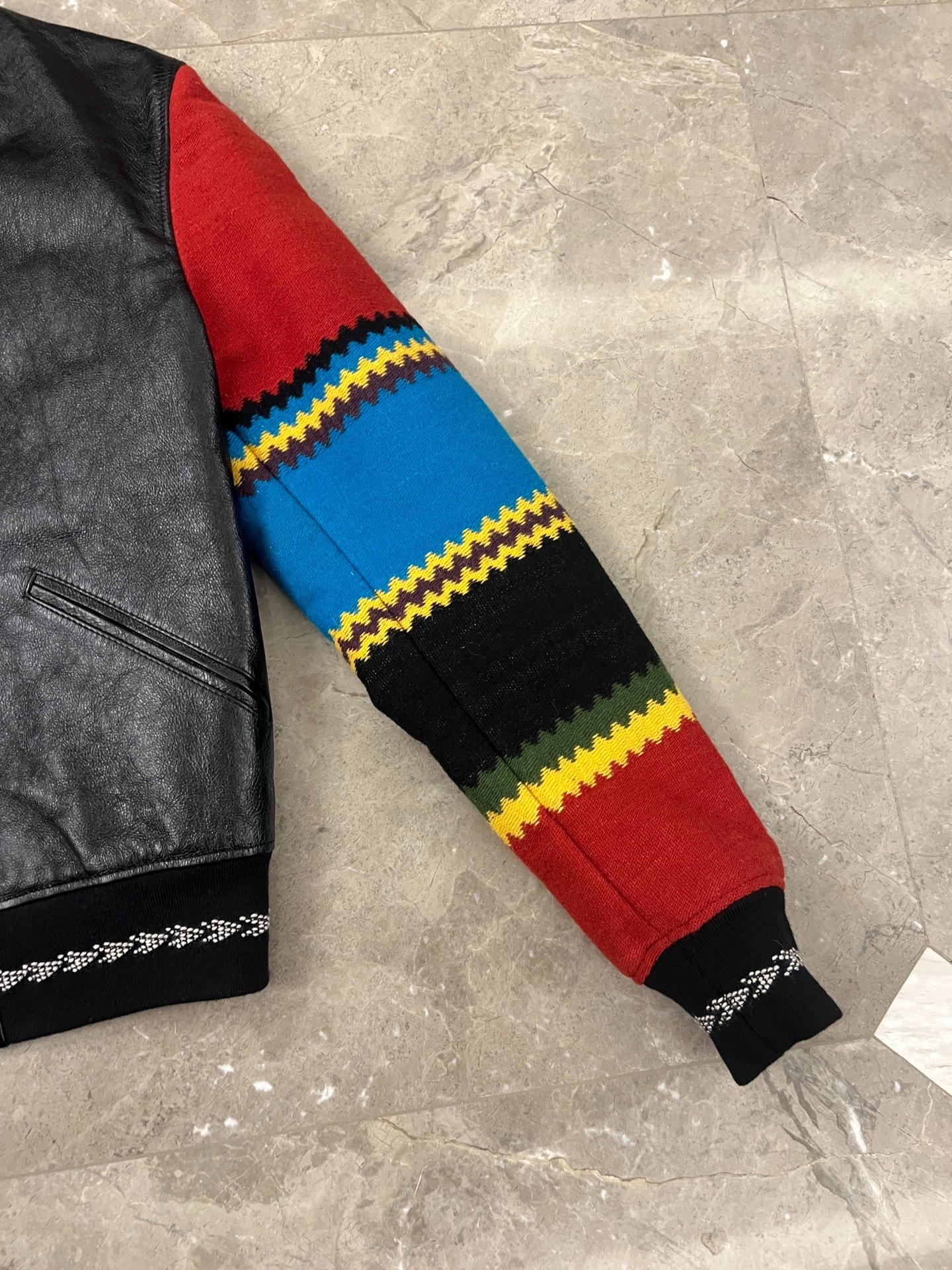 Saint Laurent Ethnic Leather Jacket Red Sleeves — detail