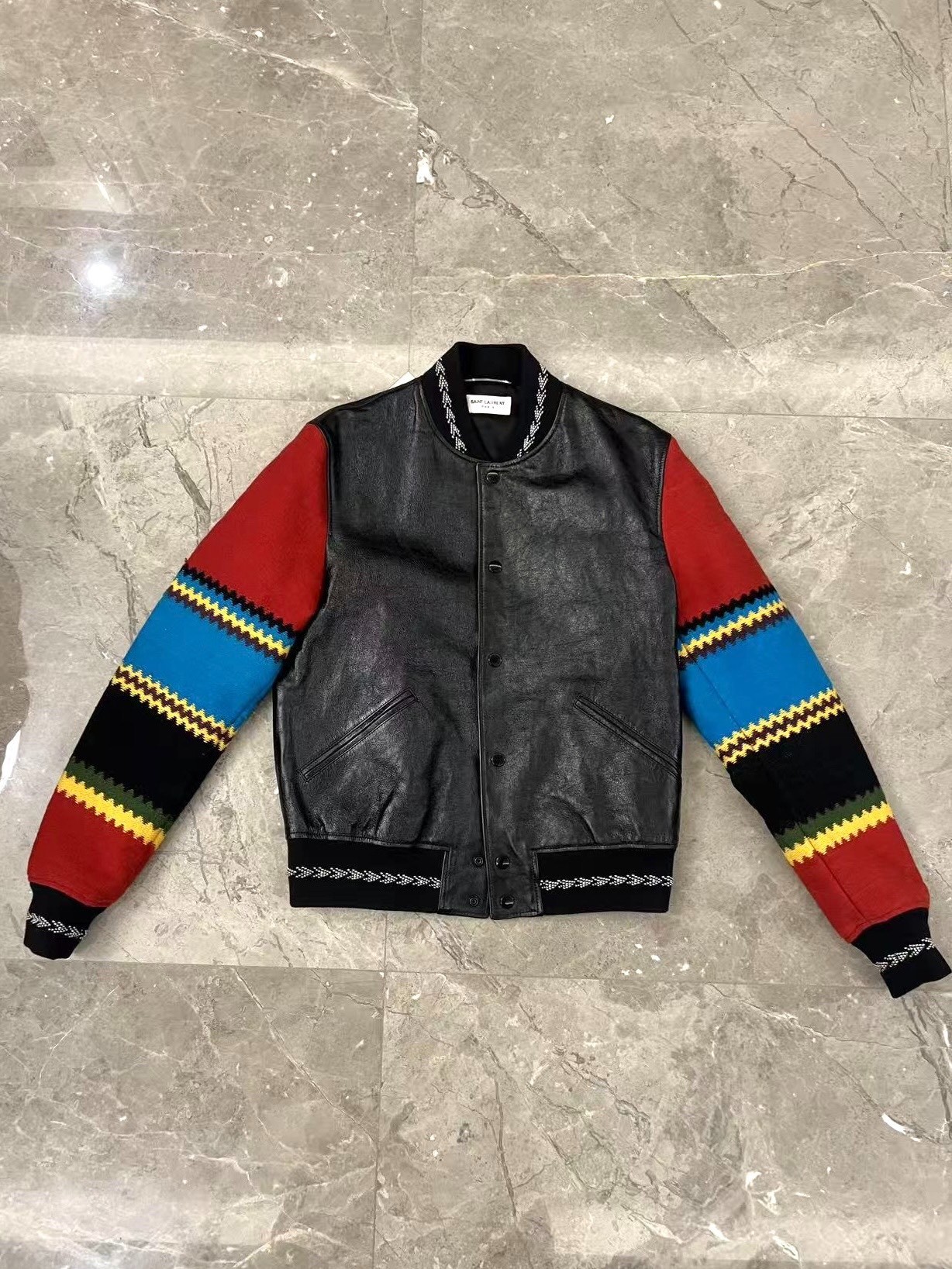 Saint Laurent Ethnic Leather Jacket Red Sleeves