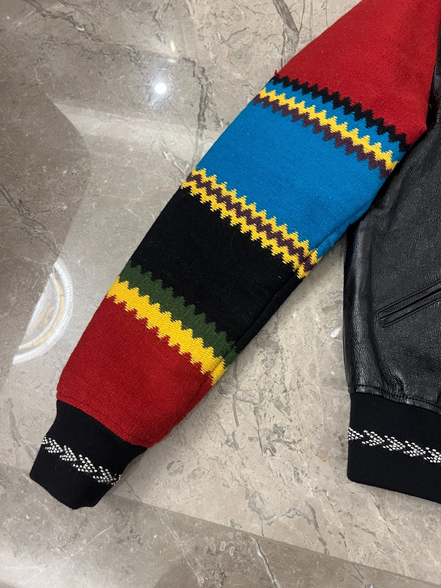 Saint Laurent Ethnic Leather Jacket Red Sleeves — label