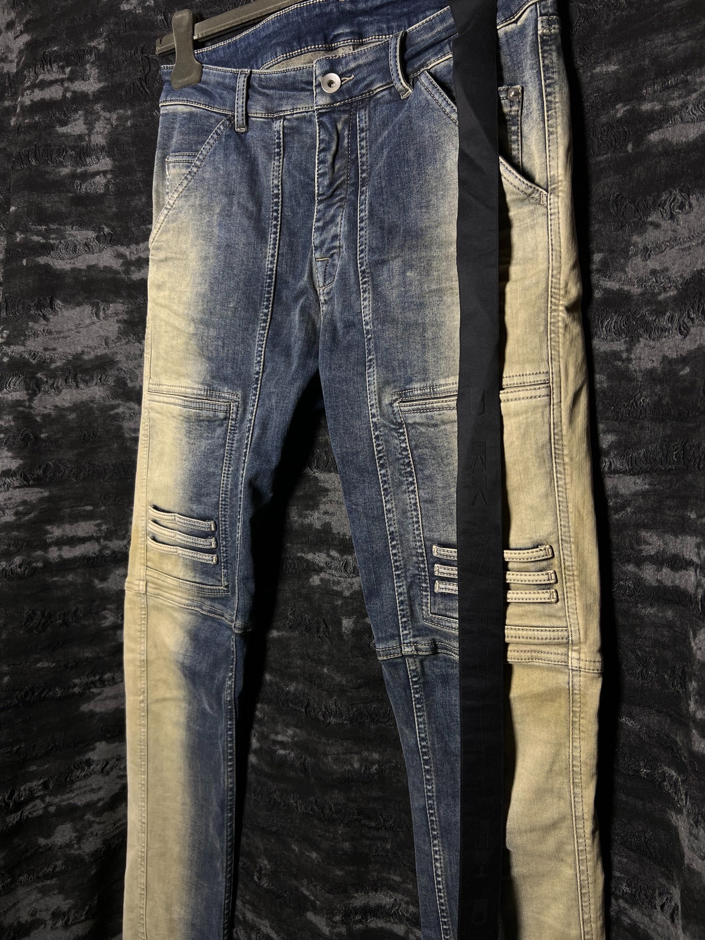 Rick Owens 23SS Mud-Dyed Gradient Motorcycle Jeans — detail