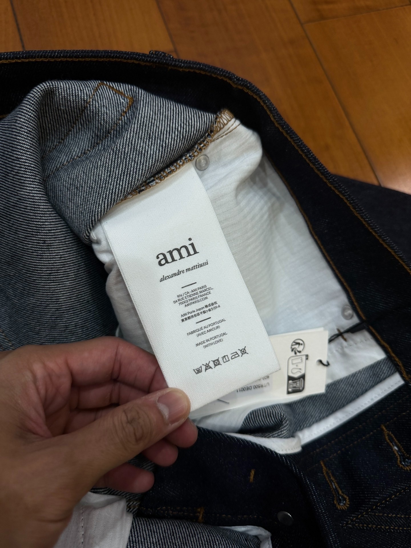 AMI Dark Blue Straight Wide Leg Jeans — label