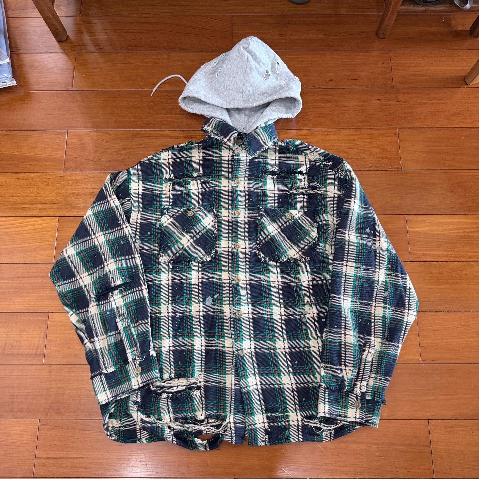 Oversized Distressed Plaid Hooded Jacket