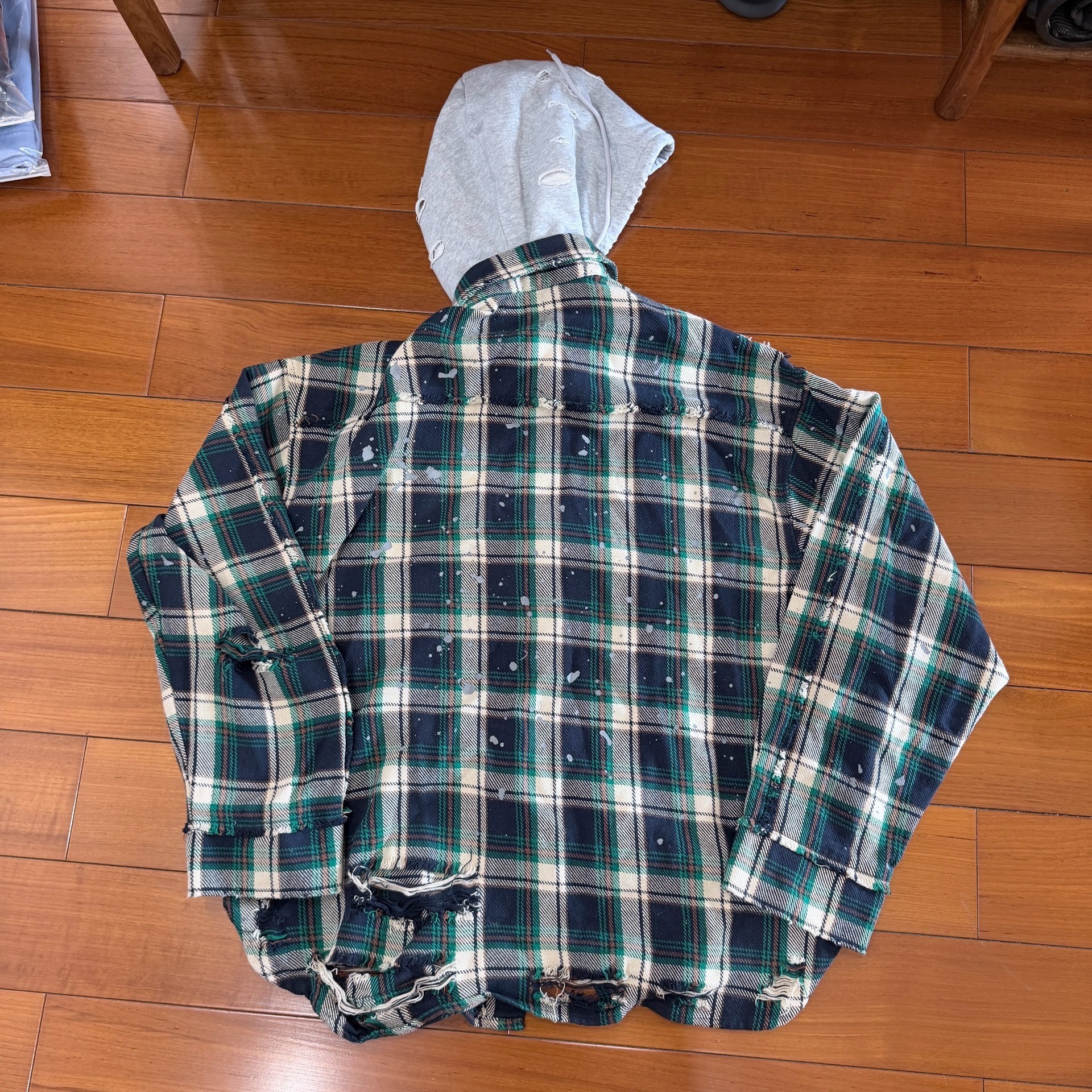 Oversized Distressed Plaid Hooded Jacket — front