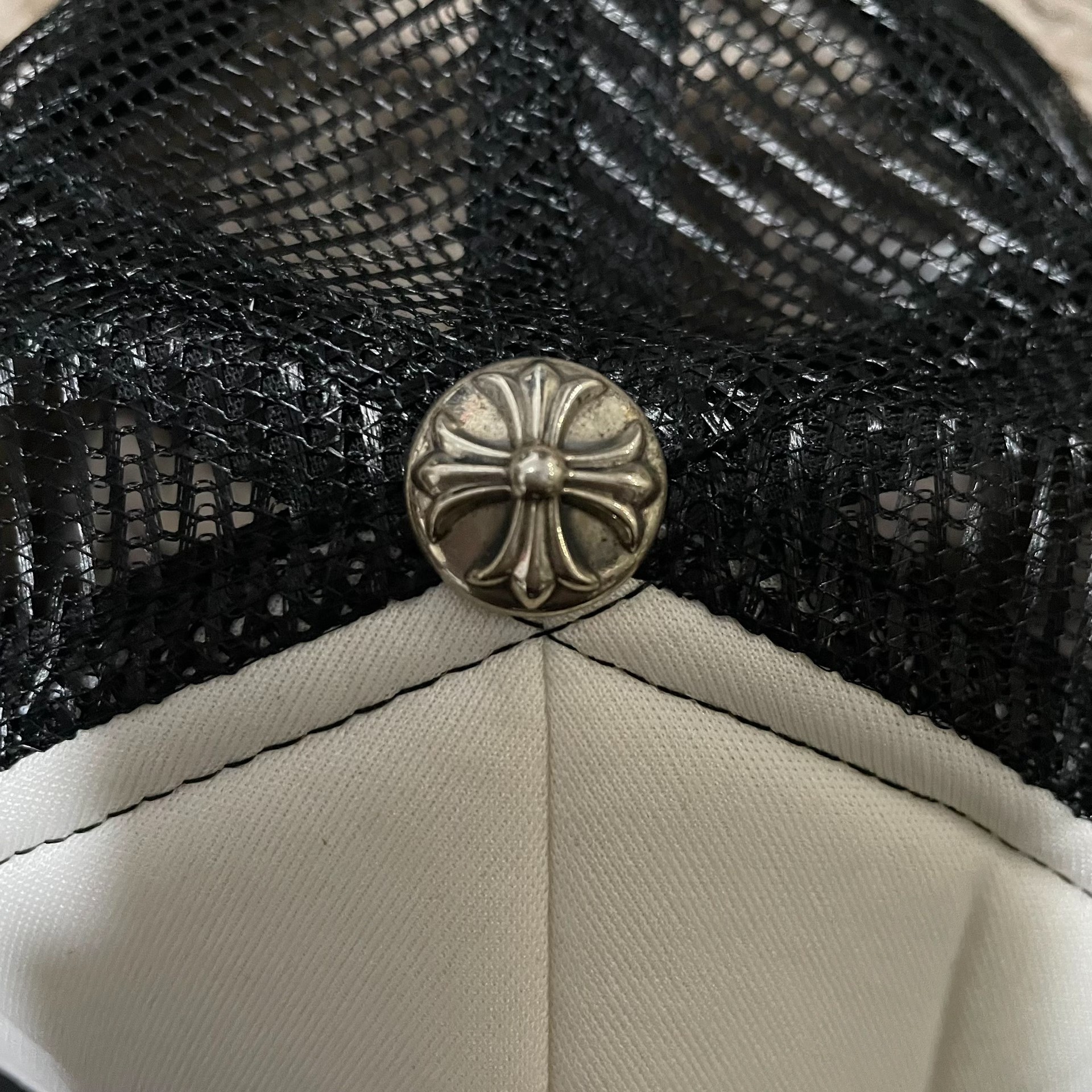 Chrome Hearts Red White Blue Cross Trucker Cap — front