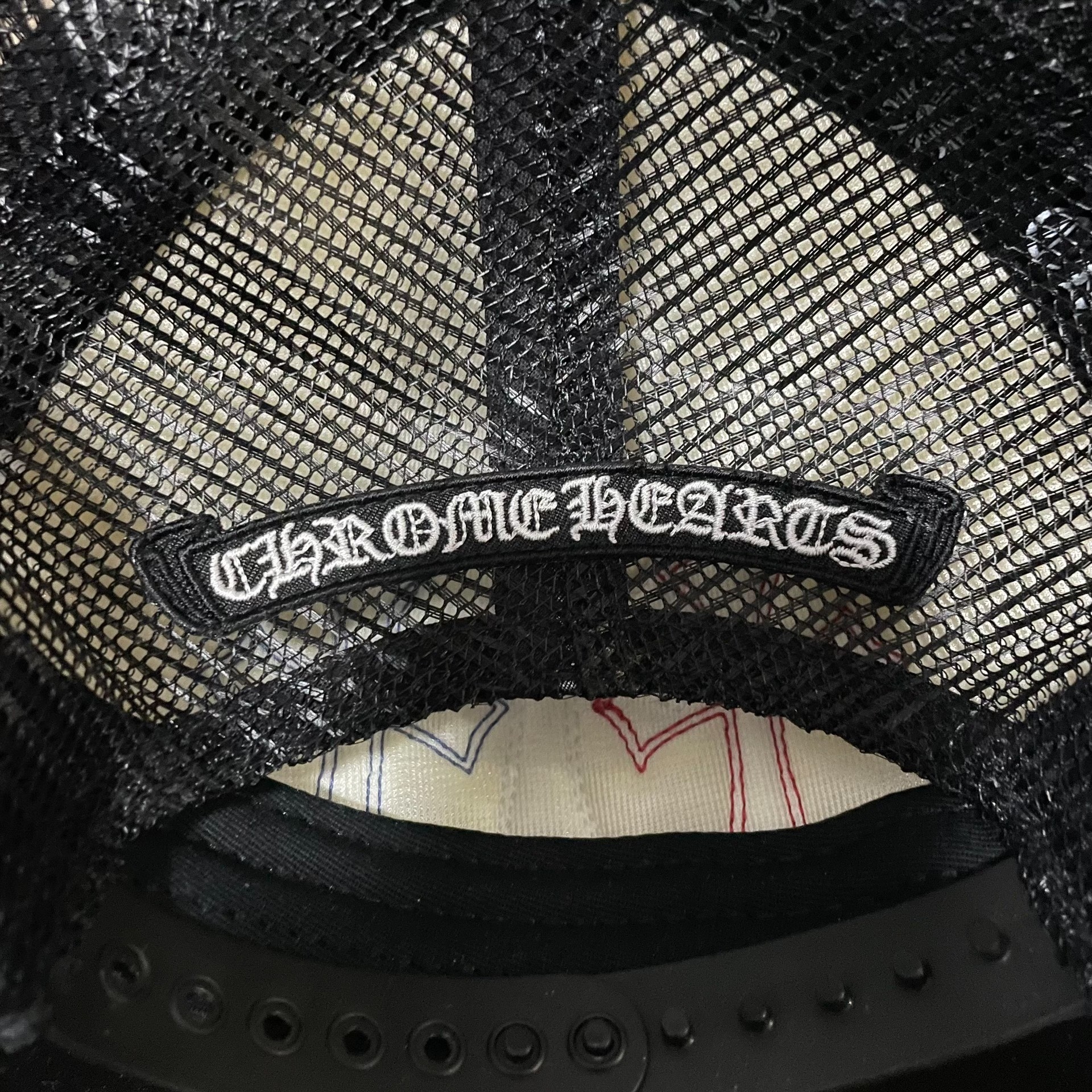 Chrome Hearts Red White Blue Cross Trucker Cap — detail