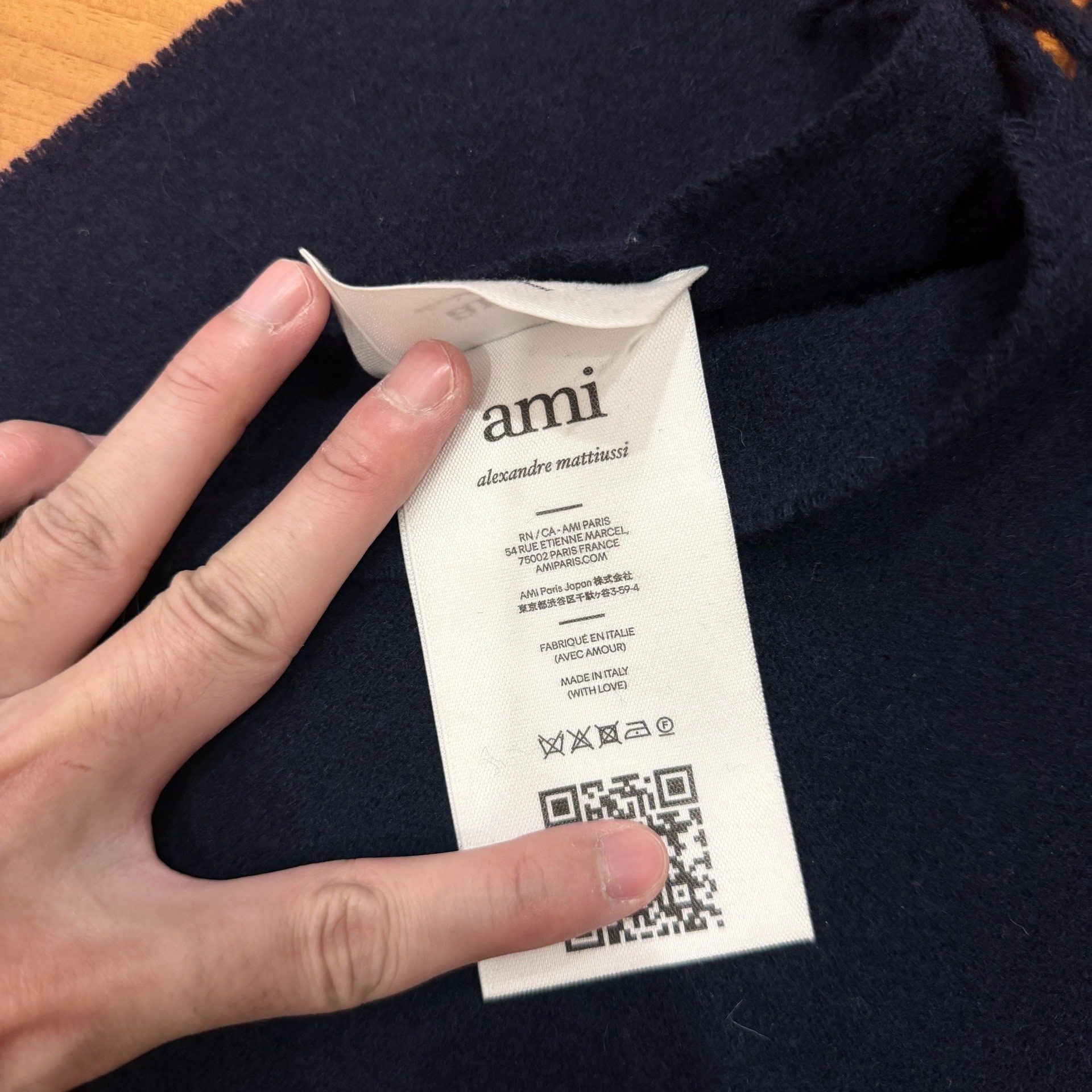 AMI Paris Navy Wool Scarf Red Heart Logo — back
