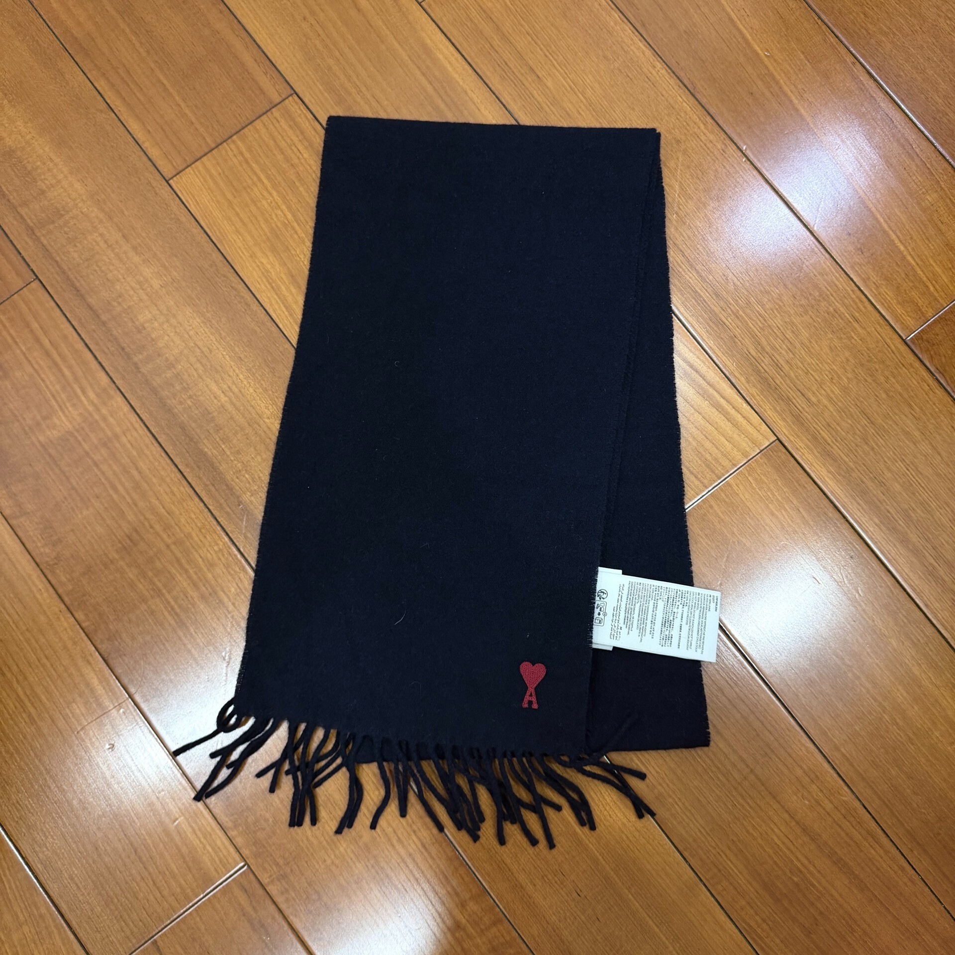 AMI Paris Navy Wool Scarf Red Heart Logo
