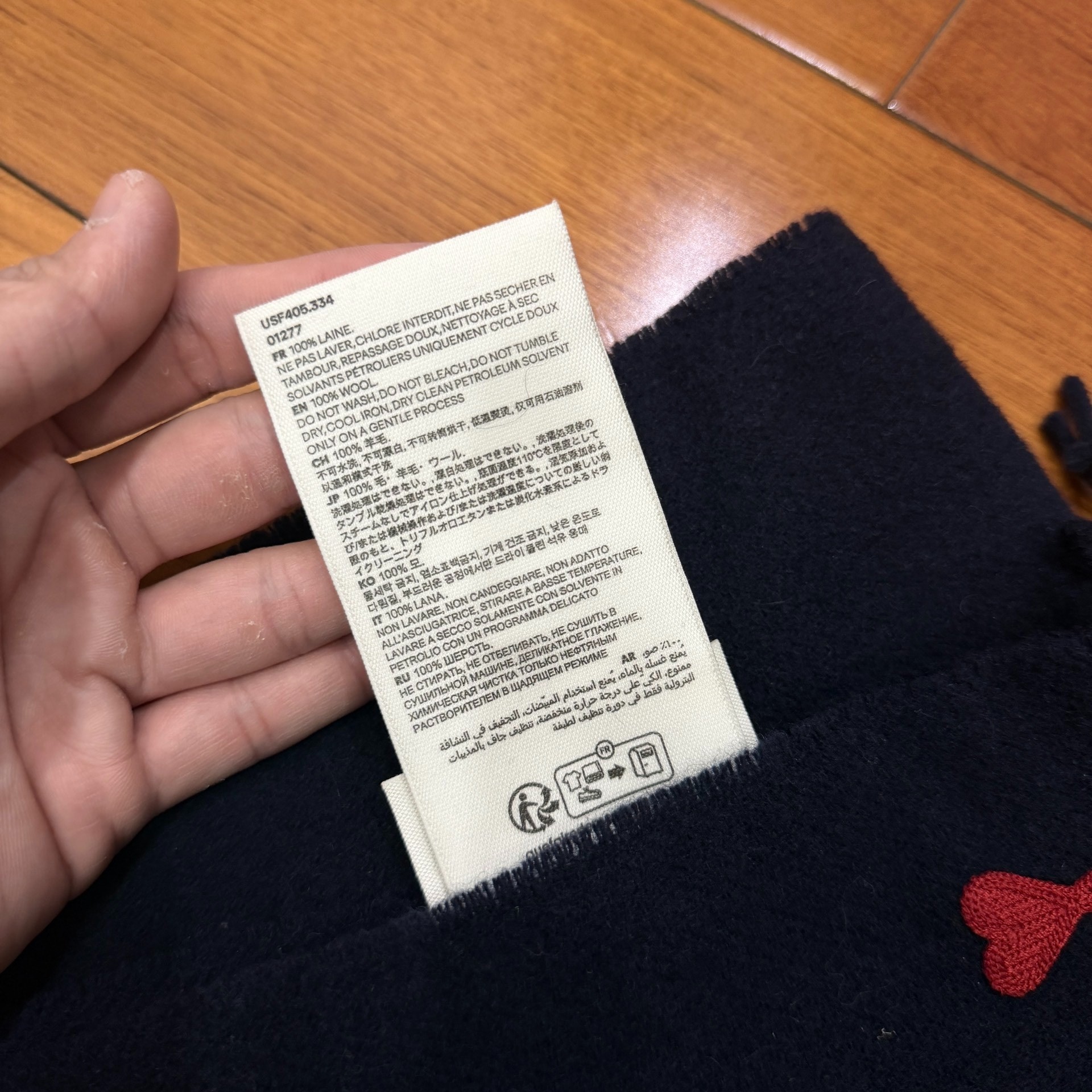 AMI Paris Navy Wool Scarf Red Heart Logo — label