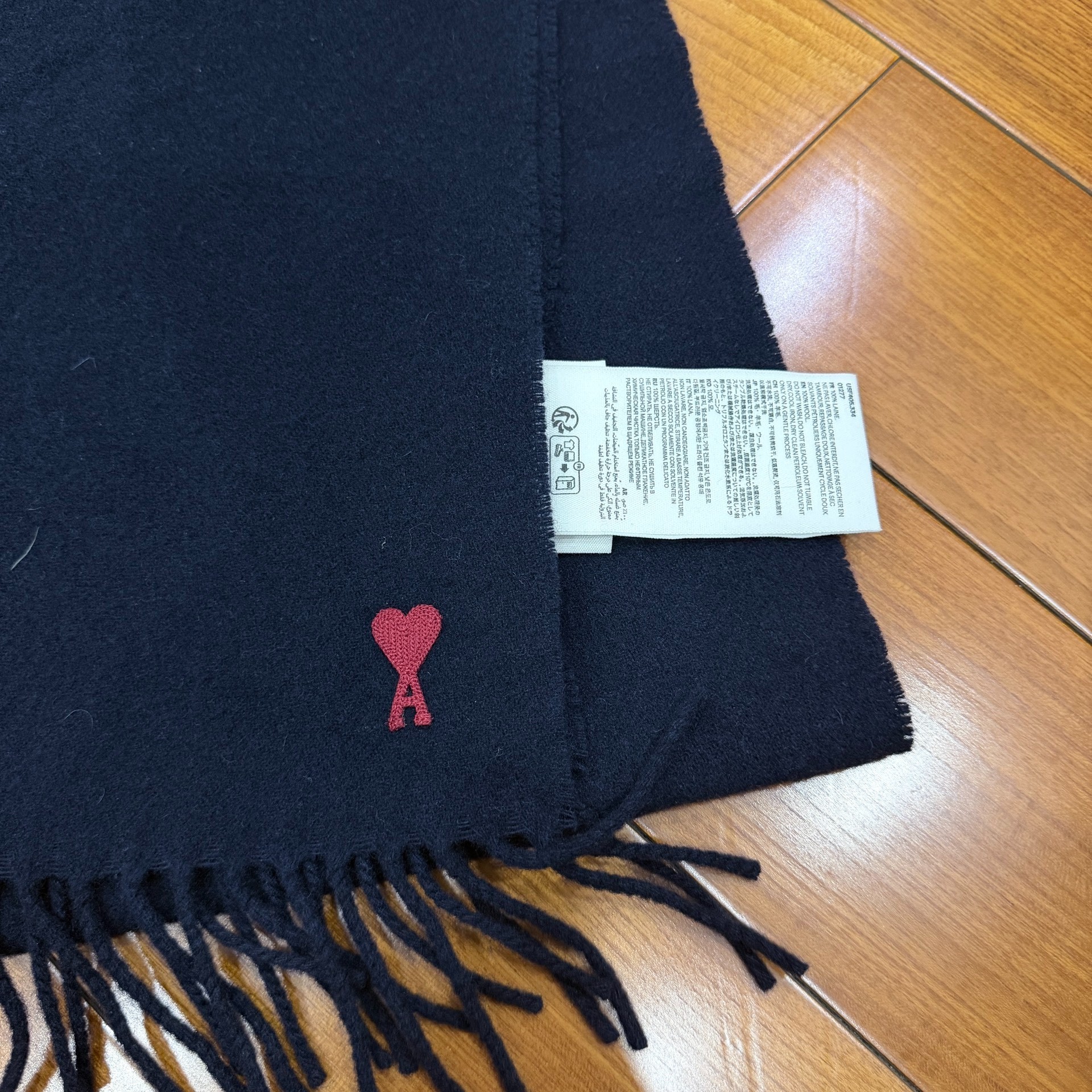 AMI Paris Navy Wool Scarf Red Heart Logo — front