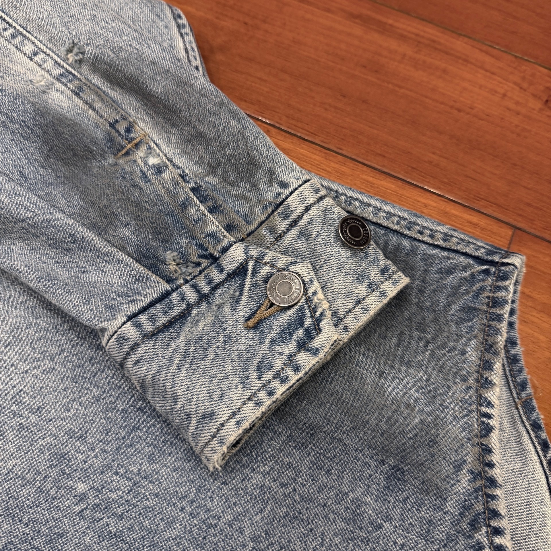 Distressed Light Blue Denim Shirt Jacket — detail