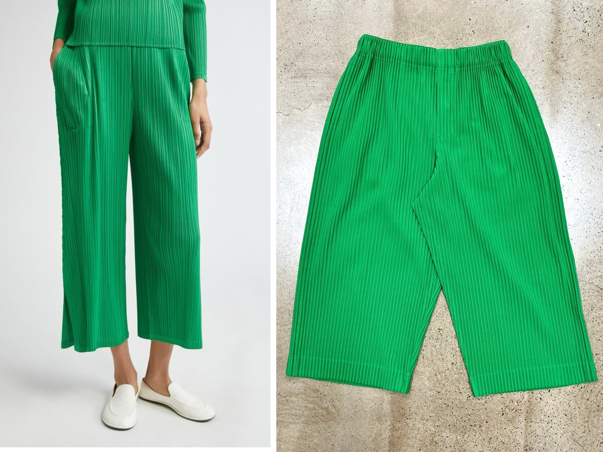Issey Miyake Green Pleated Wide-Leg Pants