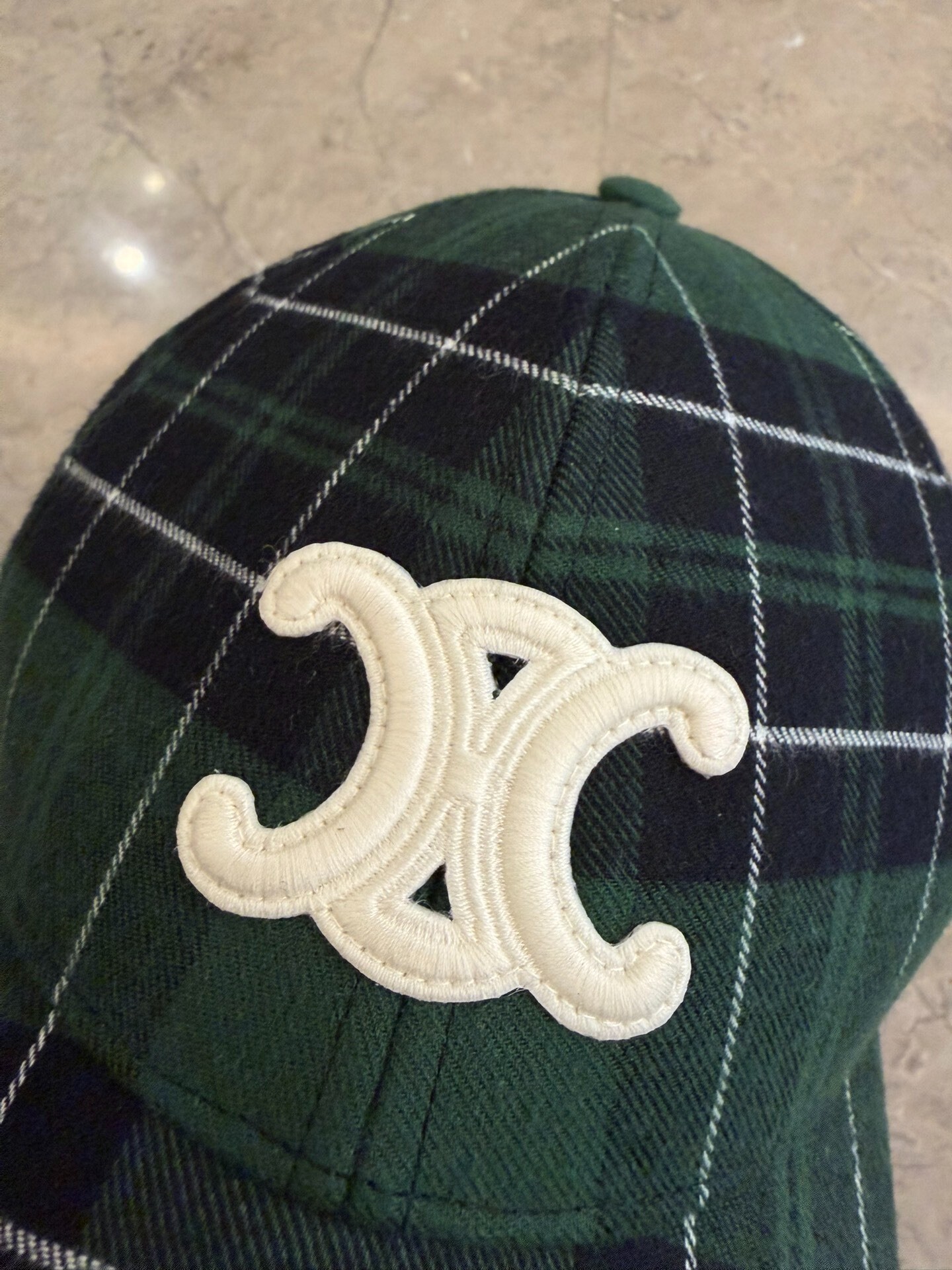 Celine Hedi Slimane Green Plaid Logo Cap — detail