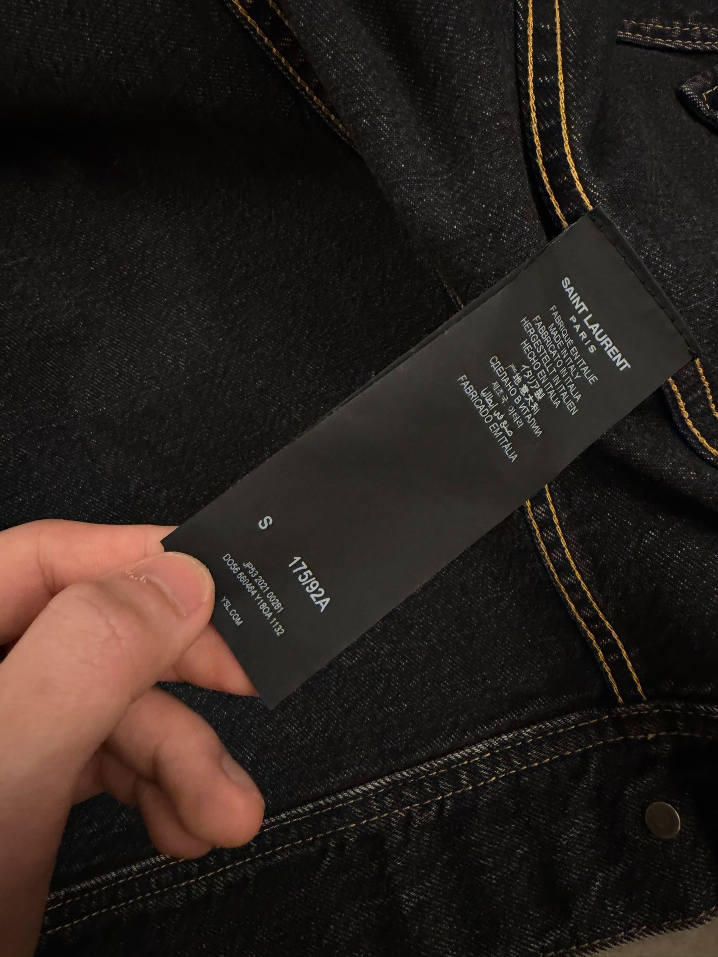 Saint Laurent Black Denim Yellow Stitch Jacket — label