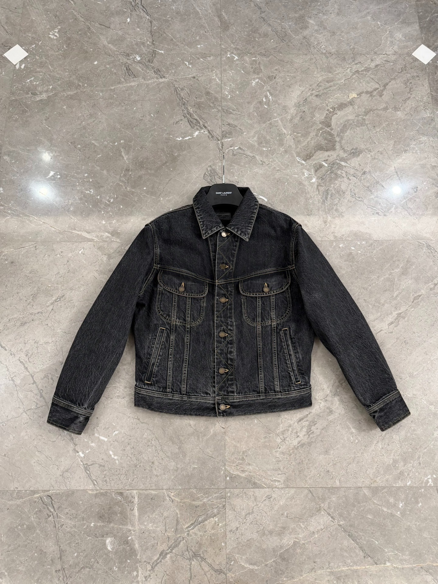 Saint Laurent Black Denim Yellow Stitch Jacket — front