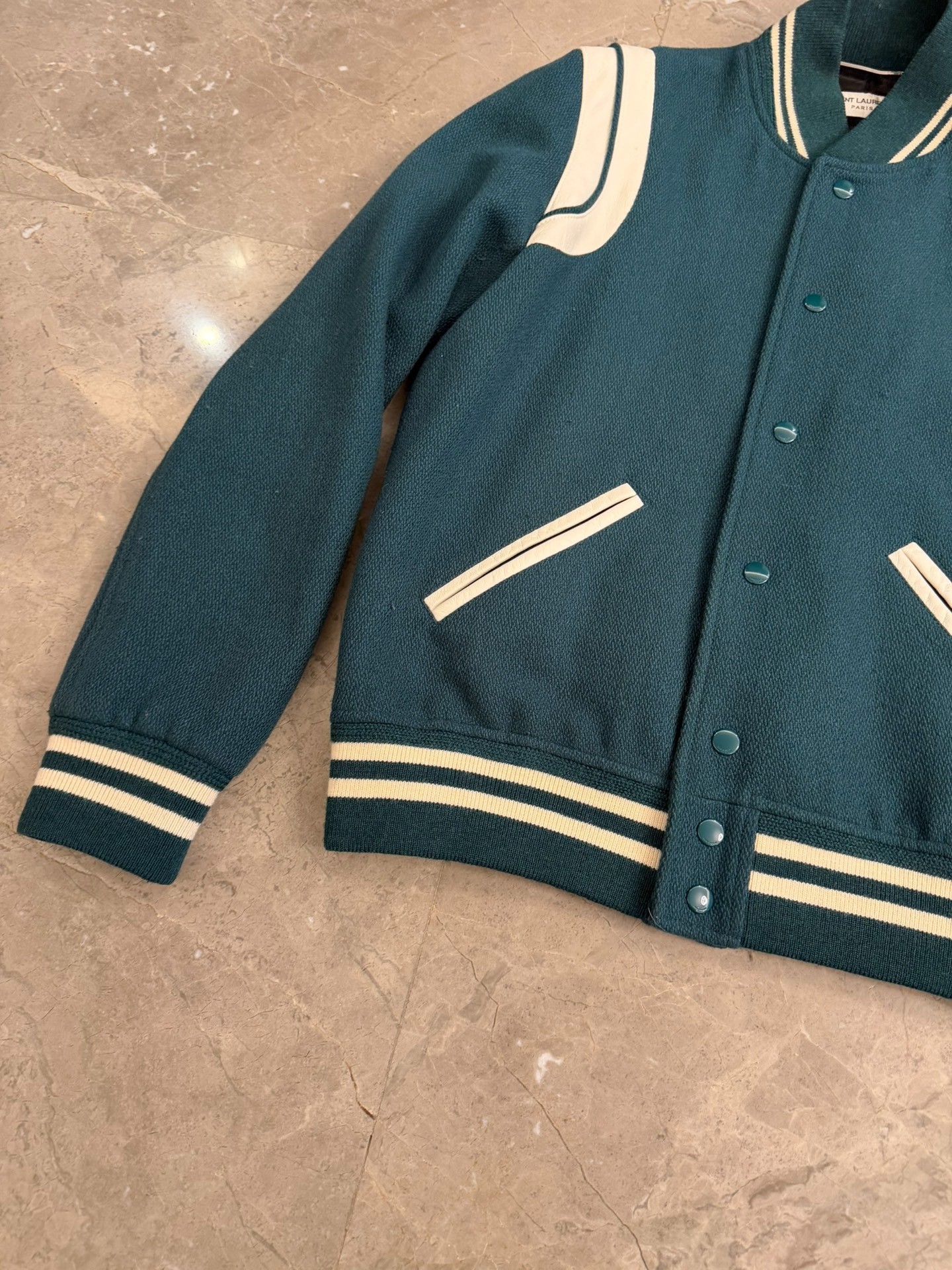 Saint Laurent Dark Green Baseball Jacket — detail