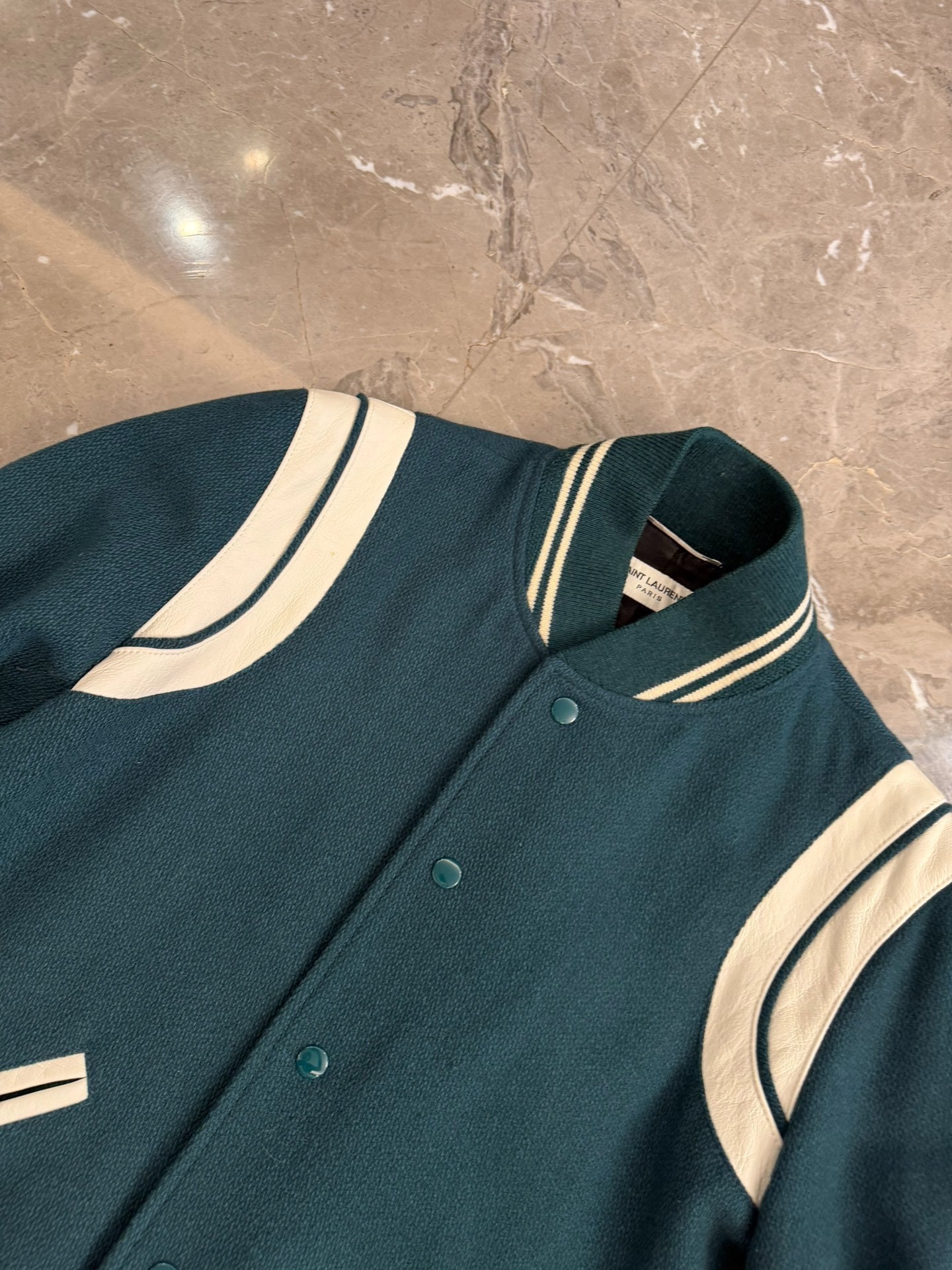 Saint Laurent Dark Green Baseball Jacket — label