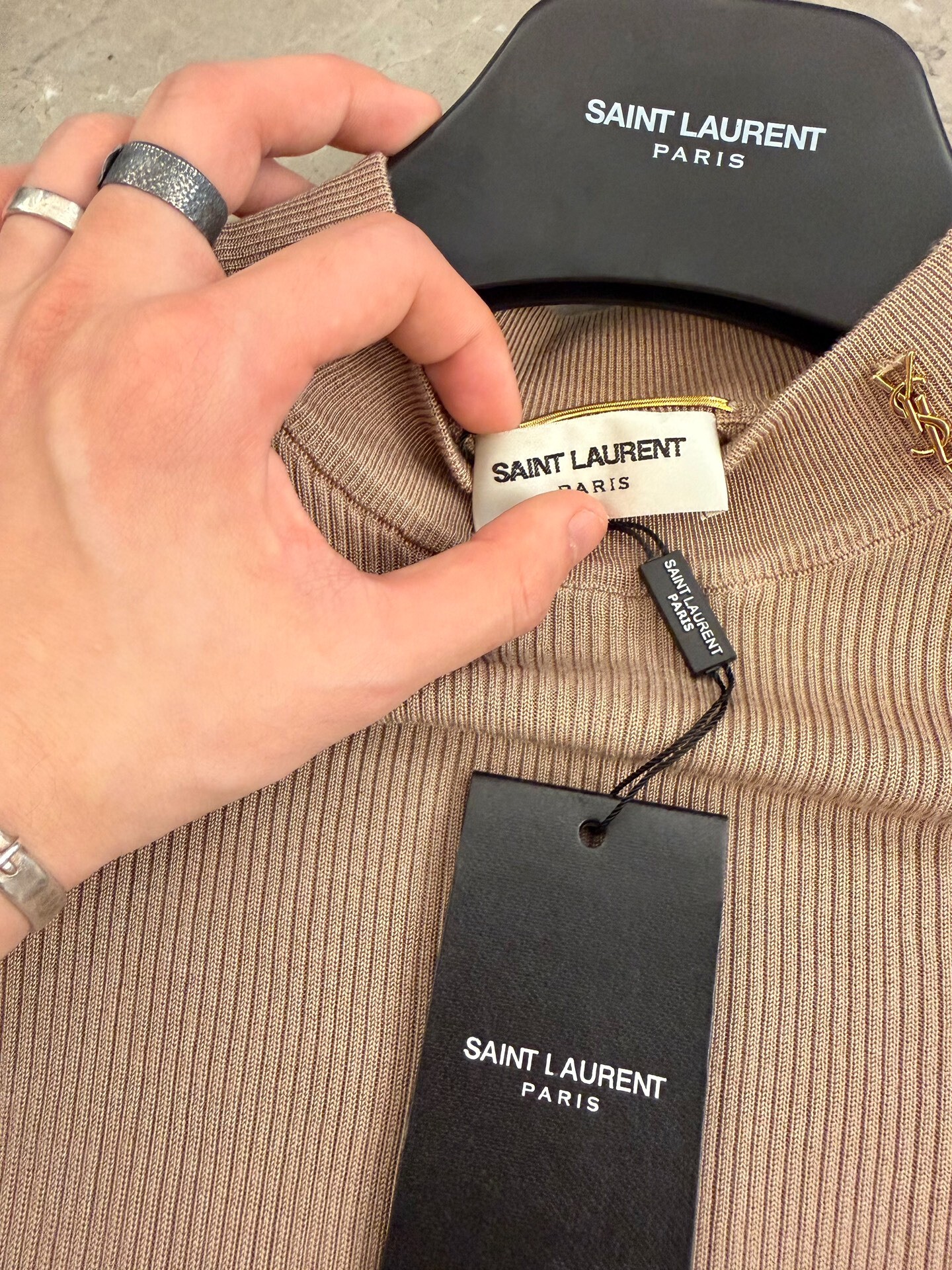 Saint Laurent Wool Knit Gold Logo Top — detail