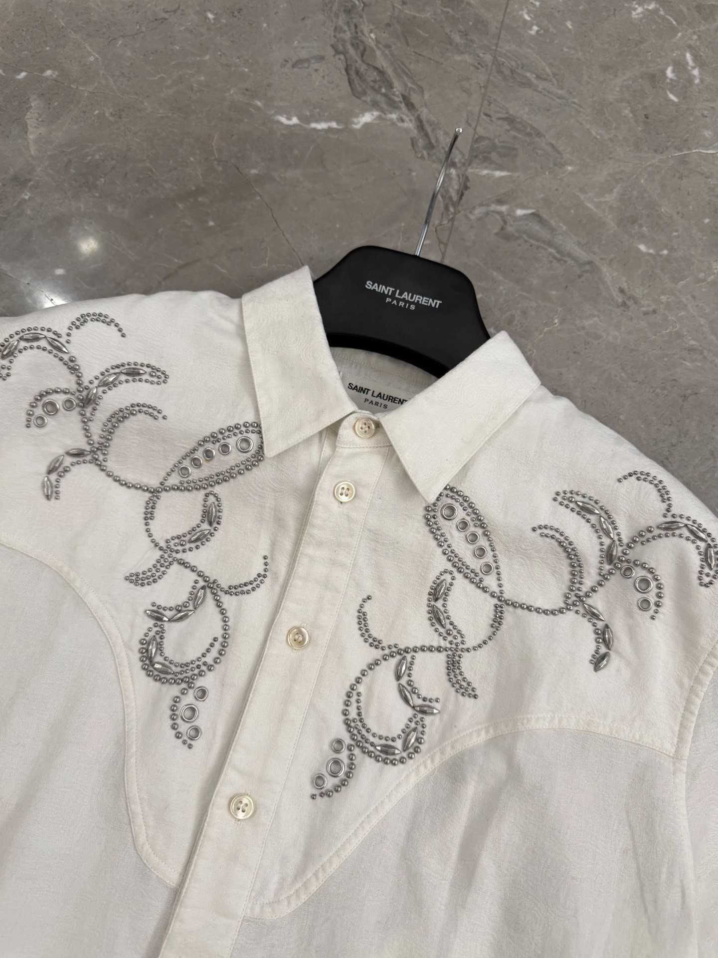 Saint Laurent White Embroidered Short-Sleeve Shirt — detail