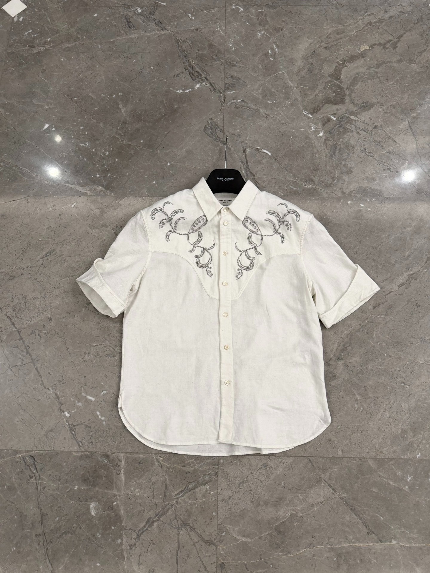 Saint Laurent White Embroidered Short-Sleeve Shirt