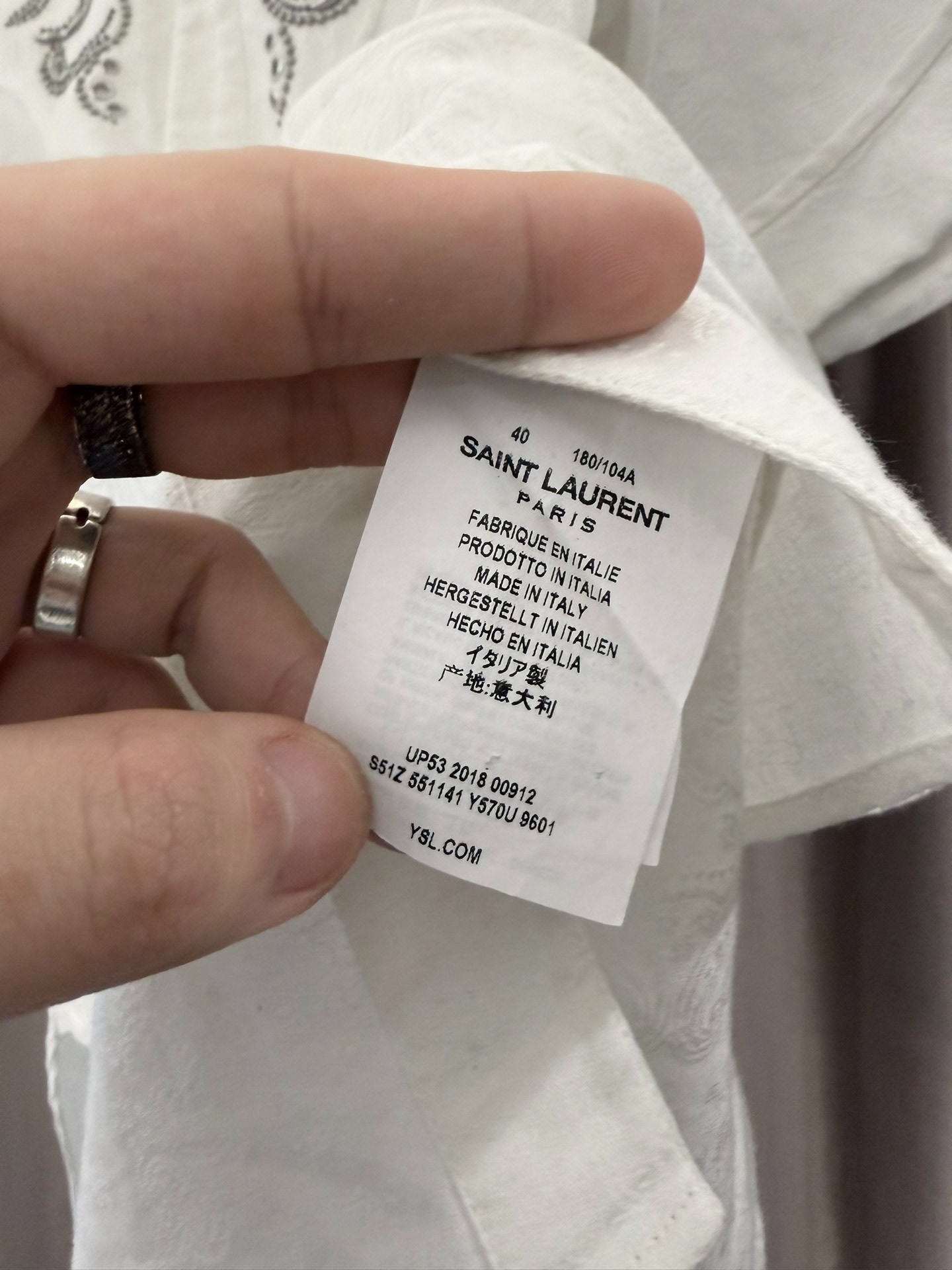 Saint Laurent White Embroidered Short-Sleeve Shirt — label