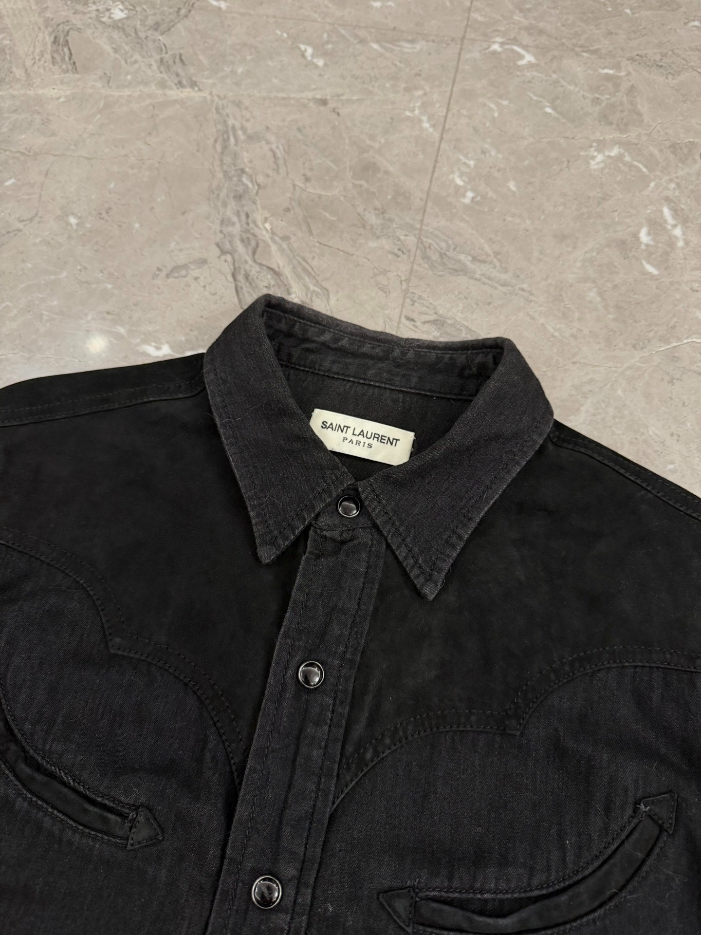 Saint Laurent Black Suede-Denim Western Shirt — detail