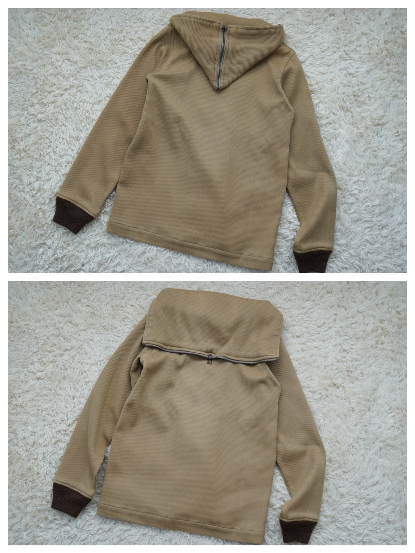 Visvim Beige Hooded Zip-Up Coat — back