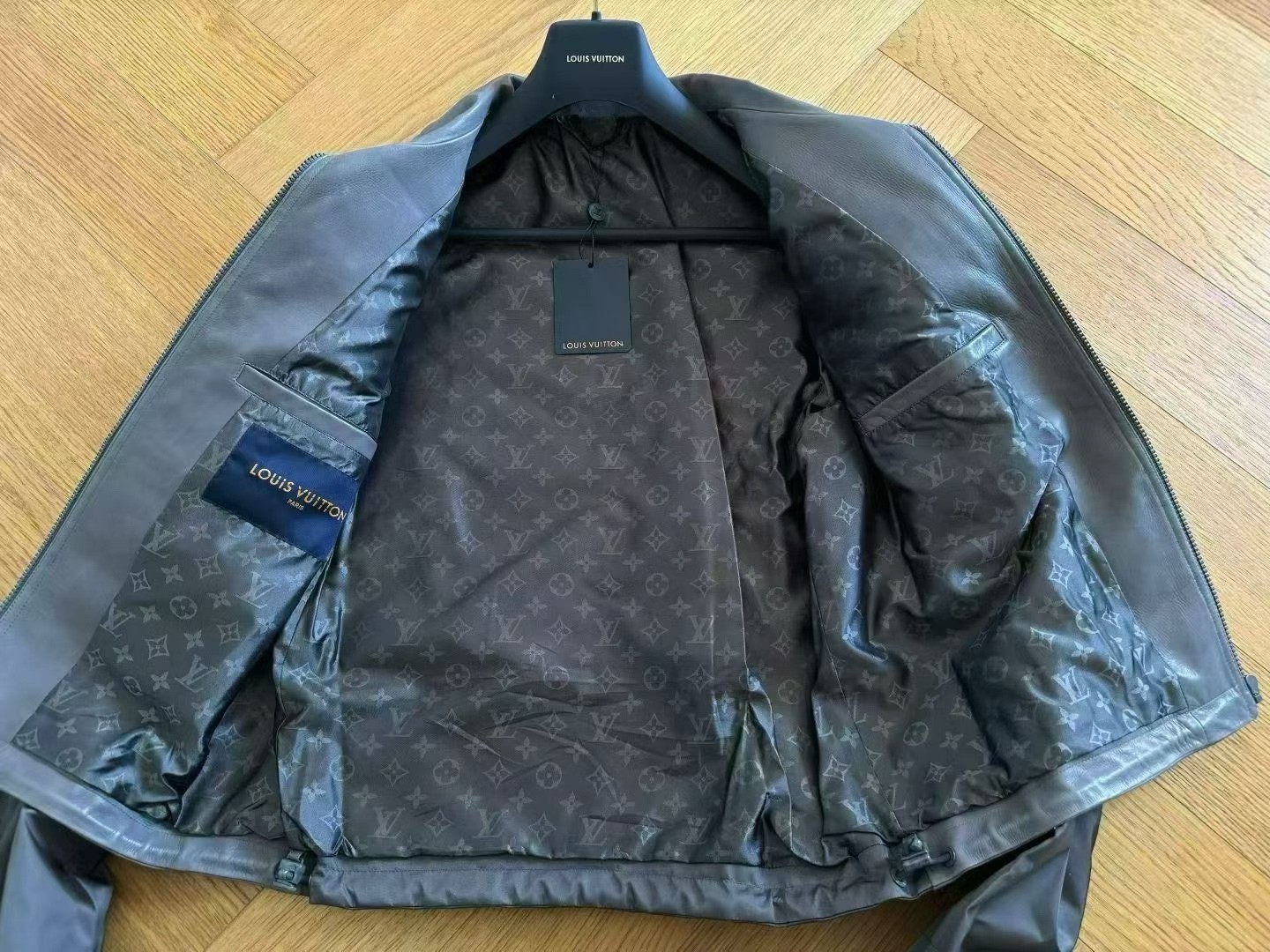 Louis Vuitton Gray Leather Jacket with Embroidery — detail