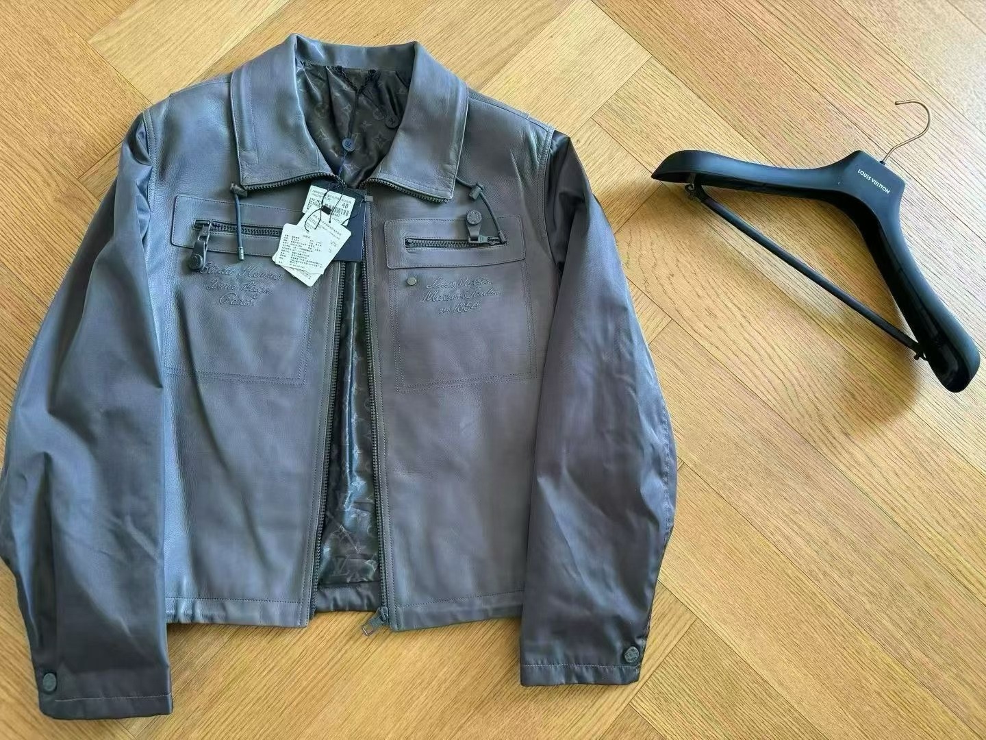 Louis Vuitton Gray Leather Jacket with Embroidery