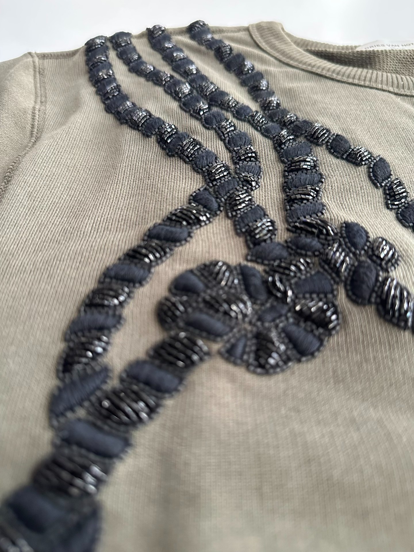 Dries Van Noten Beaded Olive Sweatshirt — label