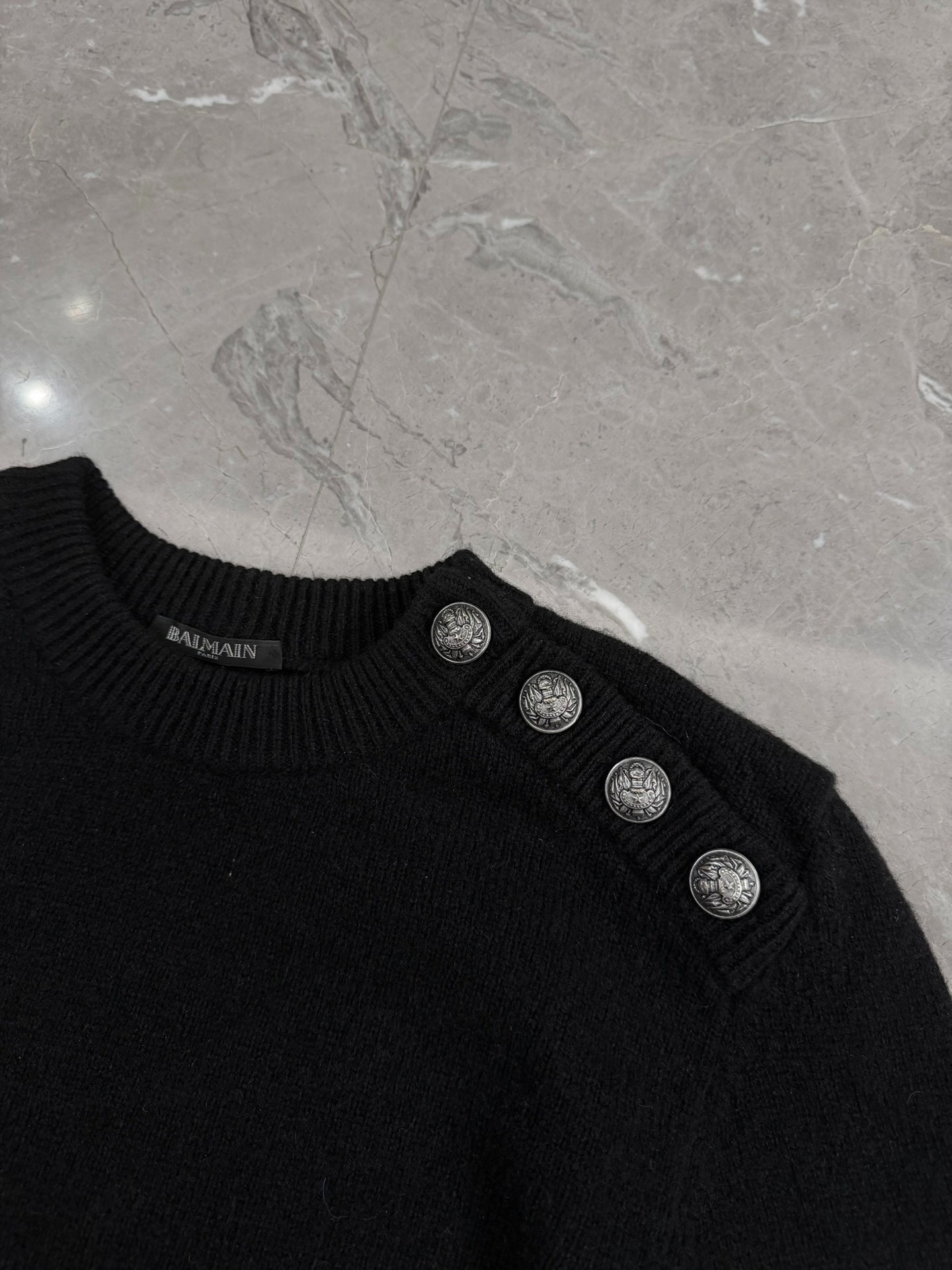 Balmain Black Cashmere Silver Button Sweater — front